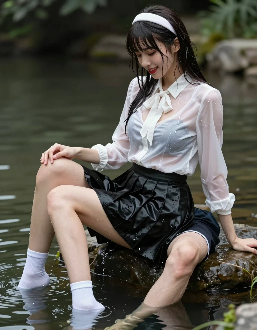 photo of young woman, in soaking wet, drenched clothes,
white socks, wet long black pleated satin skirt, wet white satin blouse, no bra., sitting in water in pond in summer, 
enjoying, wet clothes stuck to body,
detailed textures of the wet clothes, wet face, wet plastered hair,
wet, drenched, professional, high-quality details, full body view.
sharp focus, ultra-high pixel detail, realistic, high-quality, full colors, incredibly detailed, 4k, 8k, 16k, hyper-realistic, RAW photo, masterpiece, ultra-detailed, professionally color graded, professional photograph, sideview photo of smiling european female sitting in water in pond in summer, she has red lips, a young man with boxershorts is sitting next to her, she sits on his lap,she is wearing a shiny wet white translucent satin blouse with wet white neckbow and a wet long black pleated satin skirt, no bra, her breasts show through her blouse, she has wet very long dark hair bangs, she wears a white hairband, the young man lift up her skirt an her white panty is visible., wet skin, wet clothes, damp fabric