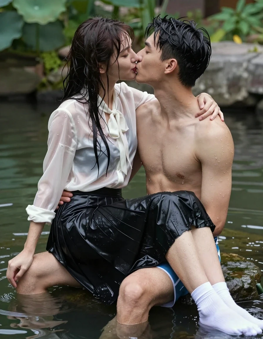 photo of young woman, in soaking wet, drenched clothes,
white socks, wet long black pleated satin skirt, wet white satin blouse, sitting in water in pond in summer, 
enjoying, wet clothes stuck to body,
detailed textures of the wet clothes, wet face, wet plastered hair,
wet, drenched, professional, high-quality details, full body view.
sharp focus, ultra-high pixel detail, realistic, high-quality, full colors, incredibly detailed, 4k, 8k, 16k, hyper-realistic, RAW photo, masterpiece, ultra-detailed, professionally color graded, professional photograph, sideview photo of smiling european female sitting in water in pond in summer, she has red lips, a young man with boxershorts is sitting next to her, she sits on his lap,she is wearing a shiny wet white translucent satin blouse with wet white neckbow and a wet long black pleated satin skirt, she has wet long dark hair bangs, she is kissing the young man., wet skin, wet clothes, damp fabric