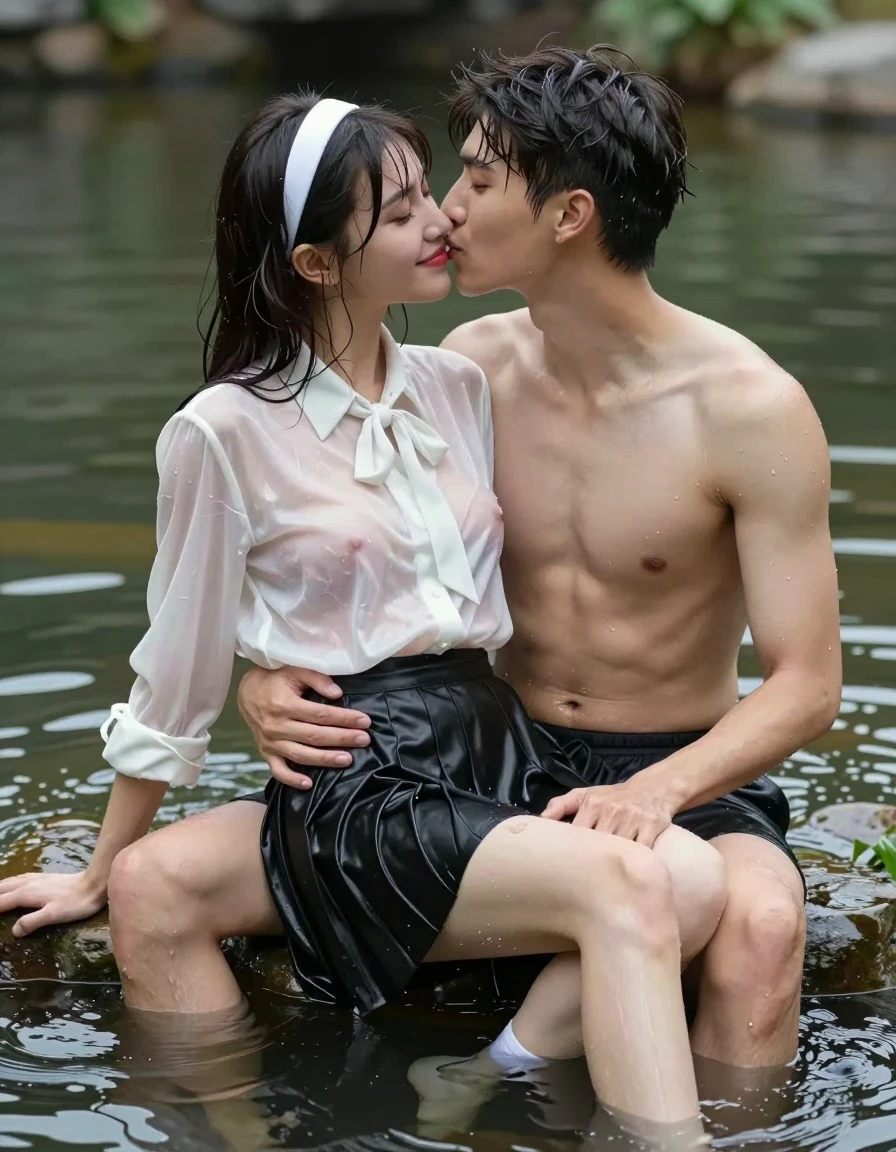 photo of young woman, in soaking wet, drenched clothes,
white socks, wet long black pleated satin skirt, wet white silk blouse, no bra., sitting in water in pond in summer, 
enjoying, wet clothes stuck to body,
detailed textures of the wet clothes, wet face, wet plastered hair,
wet, drenched, professional, high-quality details, full body view.
sharp focus, ultra-high pixel detail, realistic, high-quality, full colors, incredibly detailed, 4k, 8k, 16k, hyper-realistic, RAW photo, masterpiece, ultra-detailed, professionally color graded, professional photograph, sideview photo of smiling very young european female sitting in water in pond in summer, she has red lips, a young man with boxershorts is sitting next to her, he sits on her lap, she is wearing a shiny wet white translucent silk blouse without bra with wet white neckbow and a wet long black pleated satin skirt, no bra, her breasts show through her blouse, she has wet very long dark hair bangs, she wears a white hairband, the young man places both hands deep in her lap, they kiss each other., wet skin, wet clothes, damp fabric