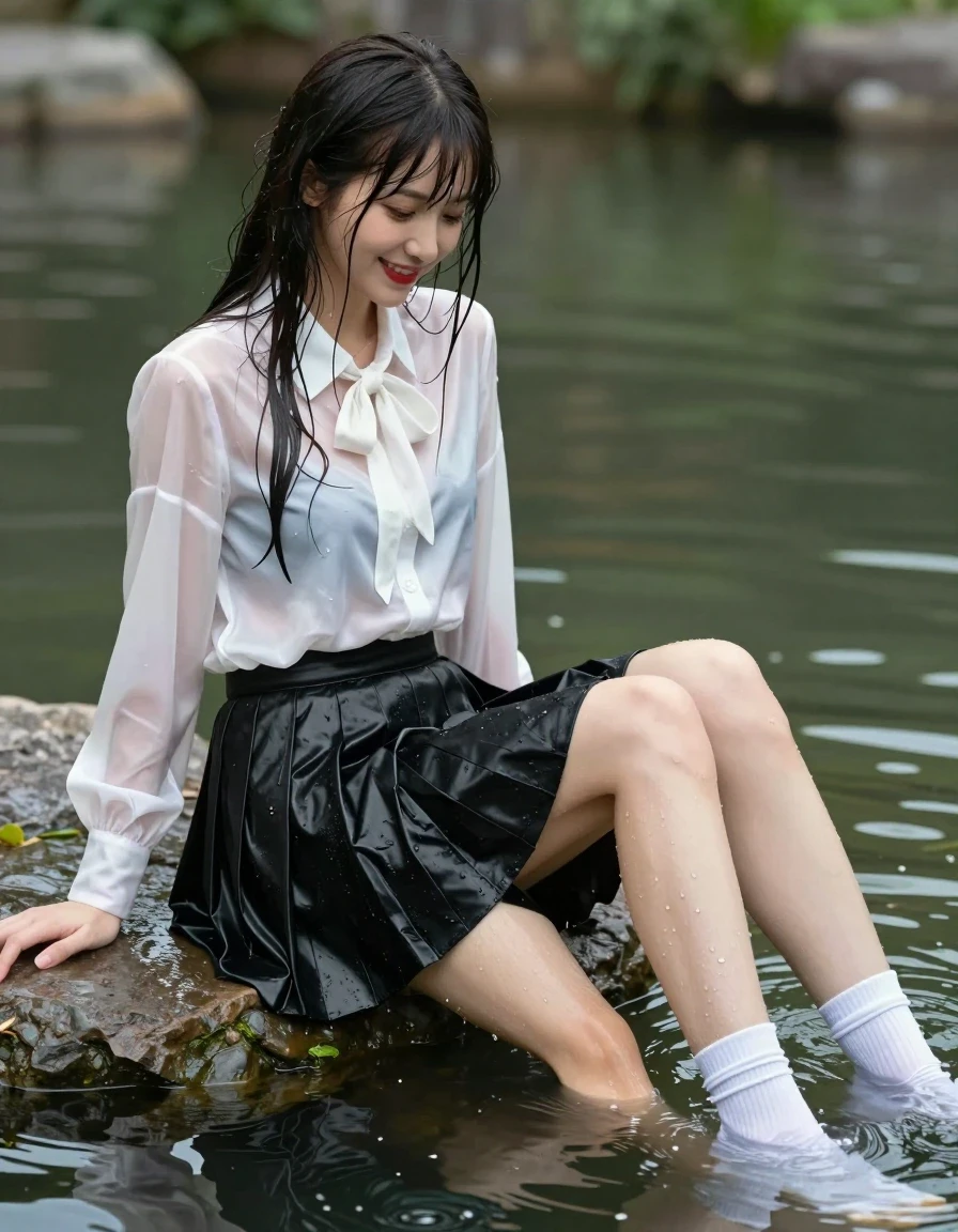 photo of young woman, in soaking wet, drenched clothes,
white socks, wet long black pleated satin skirt, wet white satin blouse, sitting in water in pond in summer, 
enjoying, wet clothes stuck to body,
detailed textures of the wet clothes, wet face, wet plastered hair,
wet, drenched, professional, high-quality details, full body view.
sharp focus, ultra-high pixel detail, realistic, high-quality, full colors, incredibly detailed, 4k, 8k, 16k, hyper-realistic, RAW photo, masterpiece, ultra-detailed, professionally color graded, professional photograph, sideview photo of smiling european female sitting in water in pond in summer, she has red lips, a young man with boxershorts is sitting next to her, she sits on his lap,she is wearing a shiny wet white translucent satin blouse with wet white neckbow and a wet long black pleated satin skirt, she has wet long dark hair bangs, the young man lays his hand on her skirt., wet skin, wet clothes, damp fabric