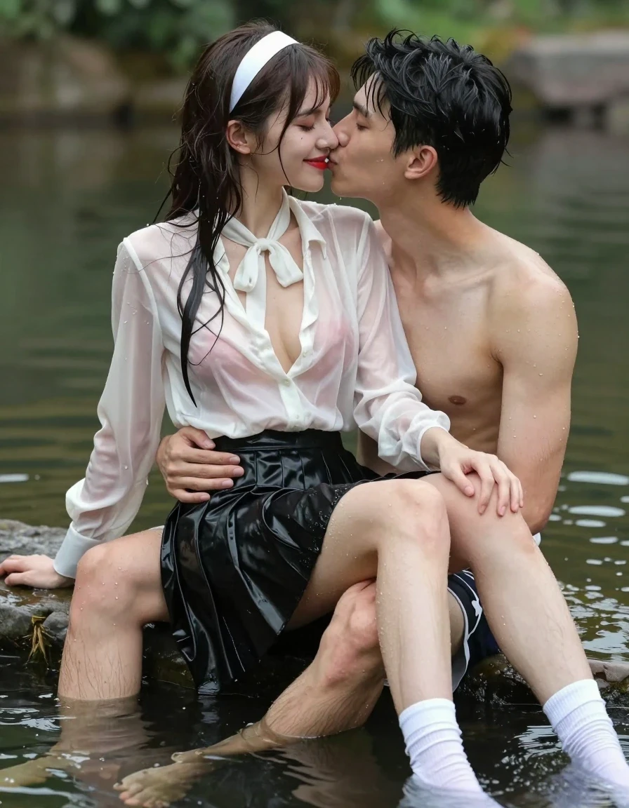photo of young woman, in soaking wet, drenched clothes,
white socks, wet long black pleated satin skirt, wet white silk blouse, no bra., sitting in water in pond in summer, 
enjoying, wet clothes stuck to body,
detailed textures of the wet clothes, wet face, wet plastered hair,
wet, drenched, professional, high-quality details, full body view.
sharp focus, ultra-high pixel detail, realistic, high-quality, full colors, incredibly detailed, 4k, 8k, 16k, hyper-realistic, RAW photo, masterpiece, ultra-detailed, professionally color graded, professional photograph, sideview photo of smiling european female sitting in water in pond in summer, she has red lips, a young man with boxershorts is sitting next to her, he sits on her lap, she is wearing a shiny wet white translucent silk blouse without bra with wet white neckbow and a wet long black pleated satin skirt, no bra, her breasts show through her blouse, she has wet very long dark hair bangs, she wears a white hairband, the young man places both hands arround her on her wet skirt, they kiss each other., wet skin, wet clothes, damp fabric
