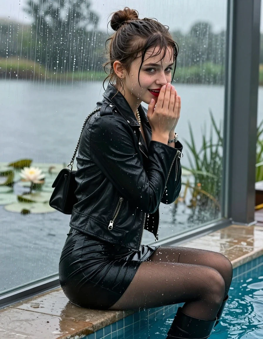 photo of young woman, in soaking wet, drenched clothes,
Black high boots, Short black mini skirt, black stockings , Black biker leatherjacket, tight v-neck sweater, shoulderbag, pearl necklace, bracelet, wristwatch, jetty by the lake with water lilies and reeds, 
enjoying, wet clothes stuck to body,
detailed textures of the wet clothes, wet face, wet plastered hair,
wet, drenched, professional, high-quality details, full body view.
sharp focus, ultra-high pixel detail, realistic, high-quality, full colors, incredibly detailed, 4k, 8k, 16k, hyper-realistic, RAW photo, masterpiece, ultra-detailed, professionally color graded, professional photograph, A realistic vertical fashion photograph taken from a backward, behind-the-back angle of a Young horny 12-year-old teengirl sitting  and slides in a glass-walled outdoor swimming pool, facing directly to the camera to show her back. 

She is tilting her head at camera, letting the water drench her hair so it is glued flat against her head and body. 
She has  brunette sticked up topknot with bangs, completely saturated and dripping wet hair, with water cascading down her face and neck. Shy and insecure expression. She is a Little Bit fearful and Smileys embarrassed. Hold her hands over her mouth. Slight Open mouth, half closed eyes. Make-up, red lips, down-Running Eyeliner.

The lighting is bright and cinematic, highlighting the glistening water droplets and the saturated texture of her  casual clothes. Outside the large glass wall of the pool building, heavy rain is visible falling against the window. Soft, moody indoor lighting with reflections on the water. High-quality fashion photography style.
her clothing is soaking wet and clinging tightly to her skin, showing heavy wet folds, darkened fabric texture, and deep water-saturated Patches, her clothes are heavy from the water, water runs from her body and her clothes in streams. A lot of water also runs out of her clothes. Her clothes are darkened by the water. 
hyper-realistic wetness, high-contrast water sheen, sharp focus, 16k resolution, professional photography, realistic water physics., wet skin, wet clothes, damp fabric., wet skin, wet clothes, damp fabric, wet skin, wet clothes, damp fabric, wet skin, wet clothes, damp fabric, wet skin, wet clothes, damp fabric, wet skin, wet clothes, damp fabric, wet skin, wet clothes, damp fabric