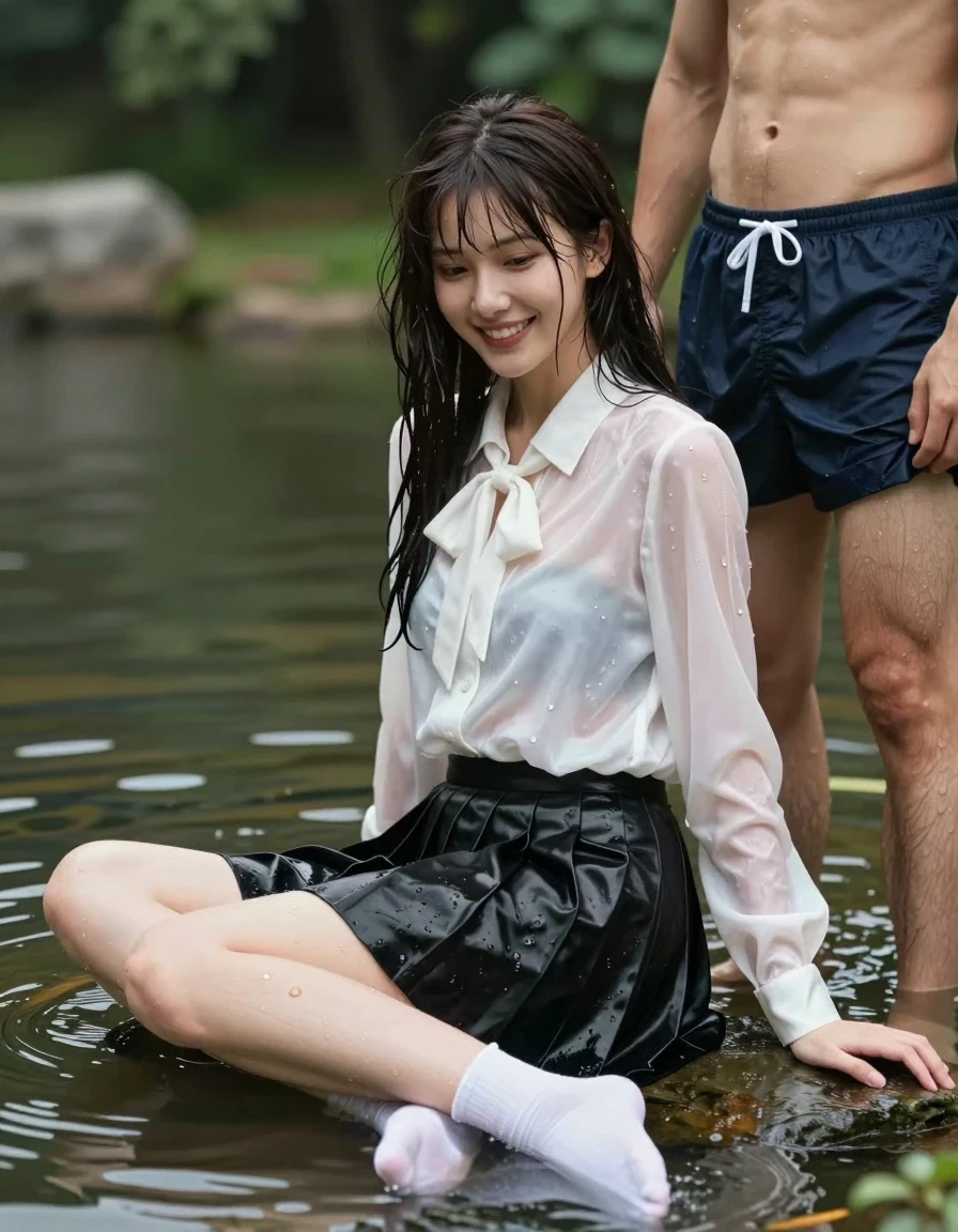 photo of young woman, in soaking wet, drenched clothes,
white socks, wet long black pleated satin skirt, wet white satin blouse, sitting in water in pond in summer, 
enjoying, wet clothes stuck to body,
detailed textures of the wet clothes, wet face, wet plastered hair,
wet, drenched, professional, high-quality details, full body view.
sharp focus, ultra-high pixel detail, realistic, high-quality, full colors, incredibly detailed, 4k, 8k, 16k, hyper-realistic, RAW photo, masterpiece, ultra-detailed, professionally color graded, professional photograph, sideview photo of smiling european female sitting in water in pond in summer, a young man with boxershorts is standing next to her, she is wearing a shiny wet white satin blouse with wet white neckbow and a wet long black pleated satin skirt, she has wet long dark hair bangs, the young man lays his hand on her skirt., wet skin, wet clothes, damp fabric