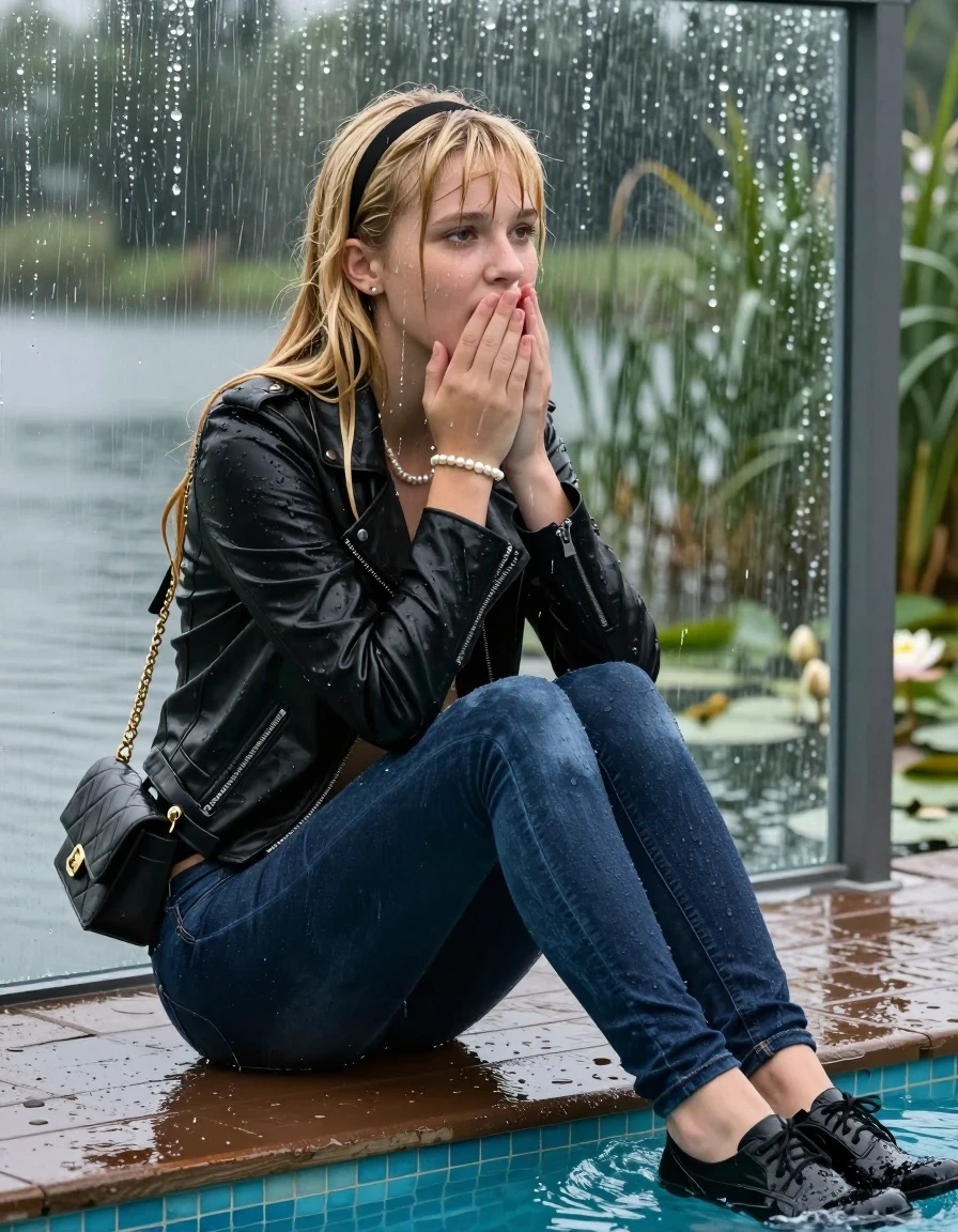 photo of young woman, in soaking wet, drenched clothes,
Black heels, Dark blue tight levis skinny jeans, Black biker leatherjacket, tight v-neck sweater, shoulderbag, pearl necklace, bracelet, wristwatch, jetty by the lake with water lilies and reeds, 
enjoying, wet clothes stuck to body,
detailed textures of the wet clothes, wet face, wet plastered hair,
wet, drenched, professional, high-quality details, full body view.
sharp focus, ultra-high pixel detail, realistic, high-quality, full colors, incredibly detailed, 4k, 8k, 16k, hyper-realistic, RAW photo, masterpiece, ultra-detailed, professionally color graded, professional photograph, A realistic vertical fashion photograph taken from a backward, behind-the-back angle of a Young horny 12-year-old teengirl sitting and falling in a glass-walled outdoor swimming pool, facing directly to the camera to show her back. 

She is tilting her head at camera, letting the water drench her hair so it is glued flat against her head and body. 
She has  blonde sleek long hair with birkin bangs and hairband completely saturated and dripping wet hair, with water cascading down her face and neck. Shocked and astonished expression. She is a Little Bit fearful. Hold her hands over her mouth. Open mouth, half closed eyes. 

The lighting is bright and cinematic, highlighting the glistening water droplets and the saturated texture of her  casual clothes. Outside the large glass wall of the pool building, heavy rain is visible falling against the window. Soft, moody indoor lighting with reflections on the water. High-quality fashion photography style.
her clothing is soaking wet and clinging tightly to her skin, showing heavy wet folds, darkened fabric texture, and deep water-saturated Patches, her clothes are heavy from the water, water runs from her body and her clothes in streams. A lot of water also runs out of her clothes. Her clothes are darkened by the water. 
hyper-realistic wetness, high-contrast water sheen, sharp focus, 16k resolution, professional photography, realistic water physics., wet skin, wet clothes, damp fabric., wet skin, wet clothes, damp fabric, wet skin, wet clothes, damp fabric, wet skin, wet clothes, damp fabric, wet skin, wet clothes, damp fabric, wet skin, wet clothes, damp fabric, wet skin, wet clothes, damp fabric, wet skin, wet clothes, damp fabric