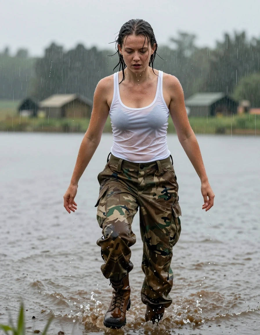 photo of young woman, in soaking wet, drenched clothes,
brown army boots, Camouflage pattern army trousers, thin white fine ribbon tanktop, muddy lake at an army camp in background, 
enjoying, wet clothes stuck to body,
detailed textures of the wet clothes, wet face, wet plastered hair,
wet, drenched, professional, high-quality details, full body view.
sharp focus, ultra-high pixel detail, realistic, high-quality, full colors, incredibly detailed, 4k, 8k, 16k, hyper-realistic, RAW photo, masterpiece, ultra-detailed, professionally color graded, professional photograph, a 25 year old nordic girl wades through a muddy lake. she is standing in the water up to her thighs. there is a heavy rainstorm. the girl is doing jumping jack in the Rain. The tankop, trousers and hair are drenched with water.  the girl wears no bra. the breasts are visible through the wet tank top. water runs down the hair and Body, wet skin, wet clothes, damp fabric, wet skin, wet clothes, damp fabric