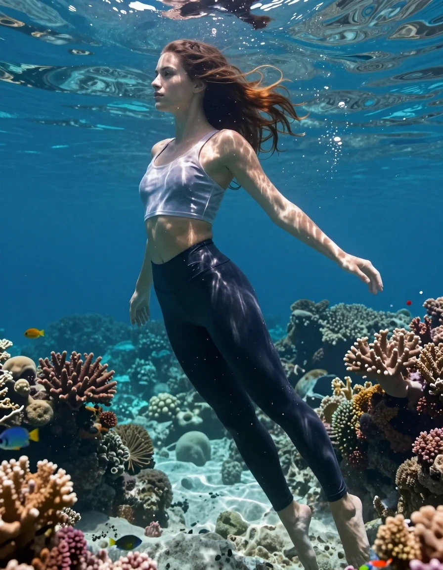 A stunning young adult European woman swimming gracefully through a vibrant, sun-drenched coral reef underwater. She is barefoot, with her skin glistening and hair flowing weightlessly in the water, showing realistic wet textures and sheen. She wears sleek, dark-colored swim leggings that are clinging to her legs, appearing water-saturated and heavy with realistic folds and deep, dark tones. She is also wearing a cropped, belly-baring top that is soaked and translucent, clinging to her skin with visible water-darkened fabric. The scene captures her in motion, surrounded by colorful coral formations and small tropical fish. High-resolution underwater photography, sharp focus on the subject, ethereal light rays piercing through the water surface, caustic light patterns dancing on her wet skin and clothing, hyper-realistic water physics, cinematic lighting, 8k resolution, vivid colors.
