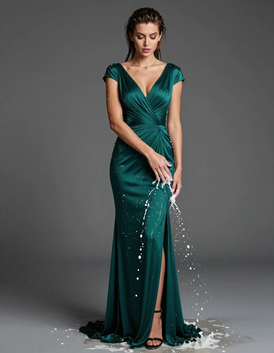 photo of young woman, in soaking wet, drenched clothes,
heels, , stunning floor-length emerald teal formal gown with short cap sleeves, , rinsing with her clothes on with shampoo, 
enjoying, wet clothes stuck to body,
detailed textures of the wet clothes, wet face, wet plastered hair,
wet, drenched, professional, high-quality details, full body view.
sharp focus, ultra-high pixel detail, realistic, high-quality, full colors, incredibly detailed, 4k, 8k, 16k, hyper-realistic, RAW photo, masterpiece, ultra-detailed, professionally color graded, professional photograph, Thin plain necklace, , sexy body, wearing perfume , getting it drenched, wet skin, wet clothes, damp fabric
