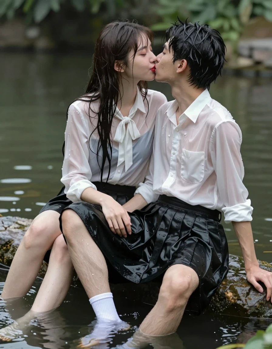 photo of young woman, in soaking wet, drenched clothes,
white socks, wet long black pleated satin skirt, wet white satin blouse, sitting in water in pond in summer, 
enjoying, wet clothes stuck to body,
detailed textures of the wet clothes, wet face, wet plastered hair,
wet, drenched, professional, high-quality details, full body view.
sharp focus, ultra-high pixel detail, realistic, high-quality, full colors, incredibly detailed, 4k, 8k, 16k, hyper-realistic, RAW photo, masterpiece, ultra-detailed, professionally color graded, professional photograph, sideview photo of smiling european female sitting in water in pond in summer, she has red lips, a young man with boxershorts is sitting next to her, she sits on his lap,she is wearing a shiny wet white translucent satin blouse with wet white neckbow and a wet long black pleated satin skirt, she has wet long dark hair bangs, she is kissing the young man, the young man place a hand on her skirt., wet skin, wet clothes, damp fabric