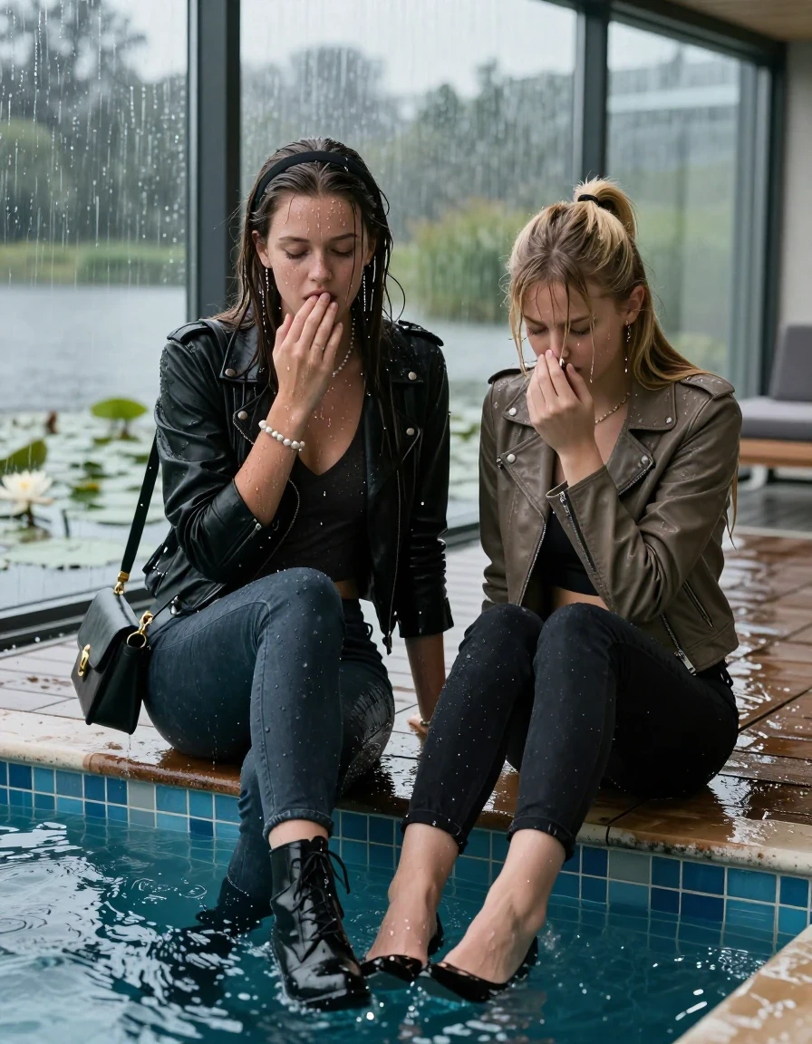 photo of young woman, in soaking wet, drenched clothes,
Shoes, Dark skinny jeans, leatherjacket, Open jacket, tight v-neck sweater, shoulderbag, pearl necklace, bracelet, wristwatch, jetty by the lake with water lilies and reeds, 
enjoying, wet clothes stuck to body,
detailed textures of the wet clothes, wet face, wet plastered hair,
wet, drenched, professional, high-quality details, full body view.
sharp focus, ultra-high pixel detail, realistic, high-quality, full colors, incredibly detailed, 4k, 8k, 16k, hyper-realistic, RAW photo, masterpiece, ultra-detailed, professionally color graded, professional photograph, A realistic vertical fashion photograph taken from a backward, behind-the-back angle of two 18-year-old teenage girls sitting and falling in a glass-walled indoor swimming pool, facing directly to the camera to show her back.  
One girl cover her mouth with her hands. One Girl hold a hand in front of her nose. She is tilting her head down, letting the water drench her hair so it is glued flat against her head and body. She has Sleek  straight long hair with hairband and one has a blond sleek ponytail with bangs, completely saturated and dripping wet hair, with water cascading down her face and neck, horny and sexuell aroused expression. The lighting is bright and cinematic, highlighting the glistening water droplets on the saturated texture of her  casual clothes.  Open mouth, closed eyes. One wears a black leatherjacket, dark levis skinny jeans and ankle boots. One wears a light brown leatherjacket, Black levis skinny jeans and black heels.

The lighting is bright and cinematic, highlighting the glistening water droplets and the saturated texture of her  casual clothes. Outside the large glass wall of the pool building, heavy rain is visible falling against the window. Soft, moody indoor lighting with reflections on the water. High-quality fashion photography style.

her clothing is soaking wet and clinging tightly to her skin, showing heavy wet folds, darkened fabric texture, and deep water-saturated Patches, her clothes are heavy from the water, water runs from her body and her clothes in streams. A lot of water also runs out of her clothes. Her clothes are darkened by the water. 
hyper-realistic wetness, high-contrast water sheen, sharp focus, 16k resolution, professional photography, realistic water physics., wet skin, wet clothes, damp fabric, wet skin, wet clothes, damp fabric, wet skin, wet clothes, damp fabric, wet skin, wet clothes, damp fabric, wet skin, wet clothes, damp fabric, wet skin, wet clothes, damp fabric, wet skin, wet clothes, damp fabric, wet skin, wet clothes, damp fabric, wet skin, wet clothes, damp fabric, wet skin, wet clothes, damp fabric, wet skin, wet clothes, damp fabric, wet skin, wet clothes, damp fabric, wet skin, wet clothes, damp fabric, wet skin, wet clothes, damp fabric, wet skin, wet clothes, damp fabric, wet skin, wet clothes, damp fabric