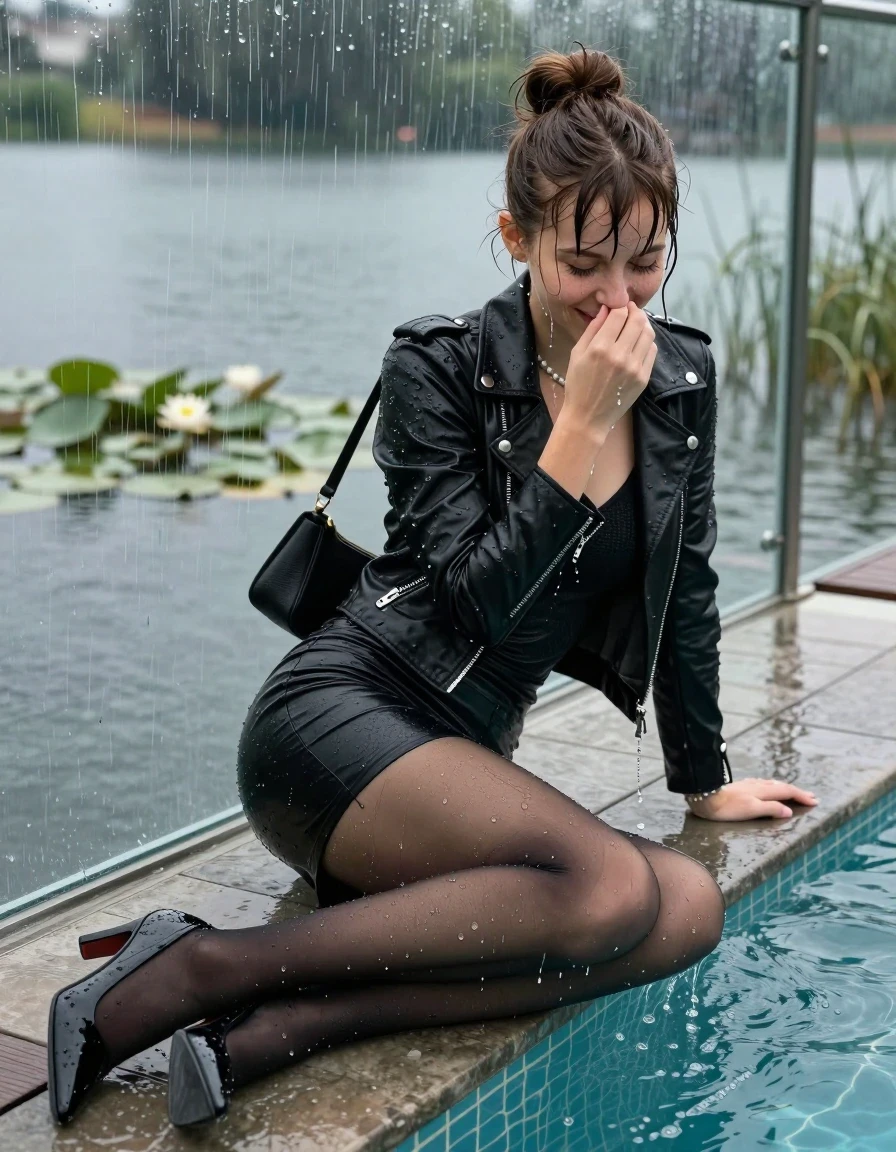 photo of young woman, in soaking wet, drenched clothes,
High heels, Short black mini skirt, black stockings , Black biker leatherjacket, tight v-neck sweater, shoulderbag, pearl necklace, bracelet, wristwatch, jetty by the lake with water lilies and reeds, 
enjoying, wet clothes stuck to body,
detailed textures of the wet clothes, wet face, wet plastered hair,
wet, drenched, professional, high-quality details, full body view.
sharp focus, ultra-high pixel detail, realistic, high-quality, full colors, incredibly detailed, 4k, 8k, 16k, hyper-realistic, RAW photo, masterpiece, ultra-detailed, professionally color graded, professional photograph, A realistic vertical fashion photograph taken from a backward, behind-the-back angle of a Young horny 12-year-old teengirl lying  and sliding in a glass-walled outdoor swimming pool, facing directly to the camera to show her back. 

She is tilting her head at camera, letting the water drench her hair so it is glued flat against her head and body. 
She has  brunette sticked up topknot with bangs, completely saturated and dripping wet hair, with water cascading down her face and neck. Shy and insecure expression. She is a Little Bit fearful and Smileys embarrassed. Hold her hands over her nose. Closed mouth, closed eyes. 

The lighting is bright and cinematic, highlighting the glistening water droplets and the saturated texture of her  casual clothes. Outside the large glass wall of the pool building, heavy rain is visible falling against the window. Soft, moody indoor lighting with reflections on the water. High-quality fashion photography style.
her clothing is soaking wet and clinging tightly to her skin, showing heavy wet folds, darkened fabric texture, and deep water-saturated Patches, her clothes are heavy from the water, water runs from her body and her clothes in streams. A lot of water also runs out of her clothes. Her clothes are darkened by the water. 
hyper-realistic wetness, high-contrast water sheen, sharp focus, 16k resolution, professional photography, realistic water physics., wet skin, wet clothes, damp fabric., wet skin, wet clothes, damp fabric, wet skin, wet clothes, damp fabric, wet skin, wet clothes, damp fabric, wet skin, wet clothes, damp fabric, wet skin, wet clothes, damp fabric, wet skin, wet clothes, damp fabric