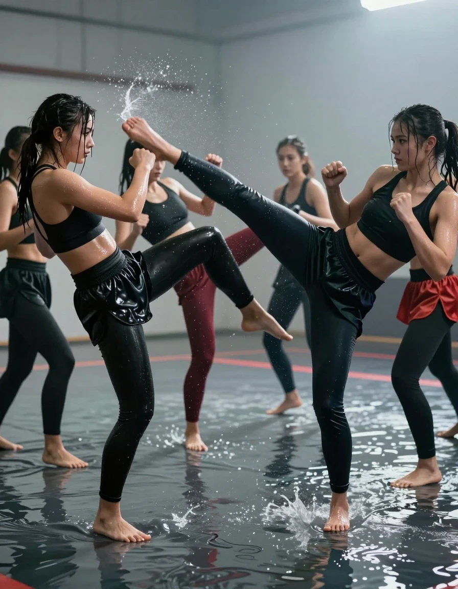 A high-action, photorealistic wide shot of multiple young adult European women engaged in intense martial arts combat within a shallow, water-covered arena. The women are barefoot, their skin glistening with water, and their hair soaked and clinging to their faces and necks. They are wearing a variety of short and long sport leggings, athletic fight-skirts, and midriff-baring crop tops. All garments are visibly drenched, clinging to their bodies, with fabric showing deep, saturated colors, heavy water-logged folds, and strong glossy specular highlights where the water clings to the material. The scene captures dynamic movement, kicks, and strikes, with water splashing around their feet and limbs upon impact. The lighting is bright and atmospheric, emphasizing the wet textures of the skin and the dark, saturated appearance of the soaked sportswear. The environment is a flat, shallow combat arena filled with a thin layer of water, creating clear reflections on the ground. The composition is cinematic and sharp, showcasing the realistic, heavy wetness of the clothing and the intensity of the martial arts action, with no dry areas or inconsistent attire.