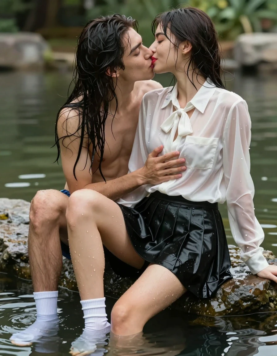 photo of young woman, in soaking wet, drenched clothes,
white socks, wet long black pleated satin skirt, wet white satin blouse, sitting in water in pond in summer, 
enjoying, wet clothes stuck to body,
detailed textures of the wet clothes, wet face, wet plastered hair,
wet, drenched, professional, high-quality details, full body view.
sharp focus, ultra-high pixel detail, realistic, high-quality, full colors, incredibly detailed, 4k, 8k, 16k, hyper-realistic, RAW photo, masterpiece, ultra-detailed, professionally color graded, professional photograph, sideview photo of smiling european female sitting in water in pond in summer, she has red lips, a young man with boxershorts is sitting next to her, she sits on his lap,she is wearing a shiny wet white translucent satin blouse with wet white neckbow and a wet long black pleated satin skirt, she has wet long dark hair bangs, she is kissing the young man, the young man place a hand on her breast., wet skin, wet clothes, damp fabric