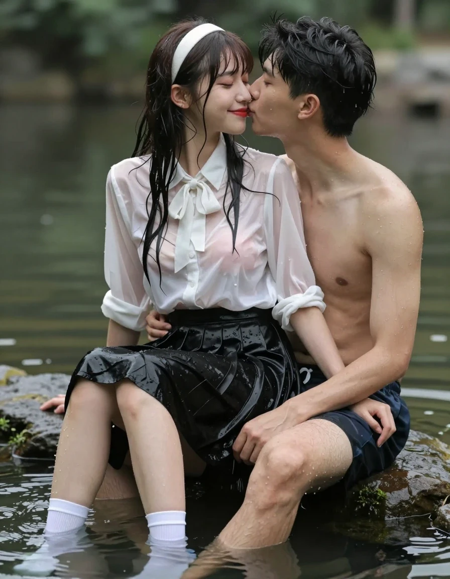 photo of young woman, in soaking wet, drenched clothes,
white socks, wet long black pleated satin skirt, wet white satin blouse, no bra., sitting in water in pond in summer, 
enjoying, wet clothes stuck to body,
detailed textures of the wet clothes, wet face, wet plastered hair,
wet, drenched, professional, high-quality details, full body view.
sharp focus, ultra-high pixel detail, realistic, high-quality, full colors, incredibly detailed, 4k, 8k, 16k, hyper-realistic, RAW photo, masterpiece, ultra-detailed, professionally color graded, professional photograph, sideview photo of smiling european female sitting in water in pond in summer, she has red lips, a young man with boxershorts is sitting next to her, she sits on his lap,she is wearing a shiny wet white translucent satin blouse with wet white neckbow and a wet long black pleated satin skirt, no bra, her breasts show through her blouse, she has wet long dark hair bangs, she wears a white hairband, she is kissing the young man, the young man place a hand under her skirt., wet skin, wet clothes, damp fabric