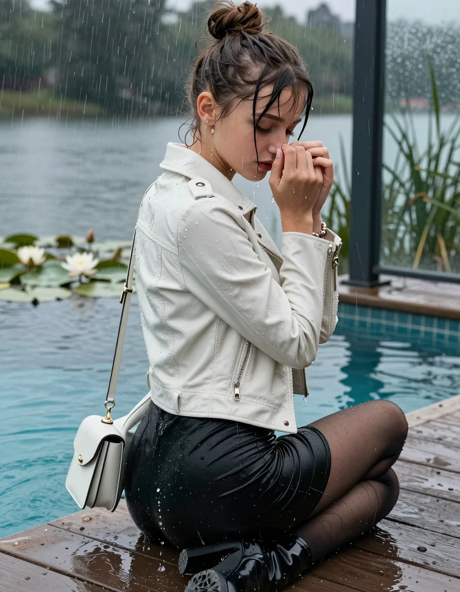 photo of young woman, in soaking wet, drenched clothes,
High boots, Short black mini skirt, black stockings , White biker leatherjacket, tight v-neck sweater, shoulderbag, pearl necklace, bracelet, wristwatch, jetty by the lake with water lilies and reeds, 
enjoying, wet clothes stuck to body,
detailed textures of the wet clothes, wet face, wet plastered hair,
wet, drenched, professional, high-quality details, full body view.
sharp focus, ultra-high pixel detail, realistic, high-quality, full colors, incredibly detailed, 4k, 8k, 16k, hyper-realistic, RAW photo, masterpiece, ultra-detailed, professionally color graded, professional photograph, A realistic vertical fashion photograph taken from a backward, behind-the-back angle of a Young horny 12-year-old teengirl sitting  and falling in a glass-walled outdoor swimming pool, facing directly to the camera to show her back. 

She is tilting her head at camera, letting the water drench her hair so it is glued flat against her head and body. 
She has  brunette sticked up topknot with bangs, completely saturated and dripping wet hair, with water cascading down her face and neck. Shy and insecure expression. She is a Little Bit fearful and Smileys embarrassed. Hold her hands over her nose. Closed mouth, closed eyes. 

The lighting is bright and cinematic, highlighting the glistening water droplets and the saturated texture of her  casual clothes. Outside the large glass wall of the pool building, heavy rain is visible falling against the window. Soft, moody indoor lighting with reflections on the water. High-quality fashion photography style.
her clothing is soaking wet and clinging tightly to her skin, showing heavy wet folds, darkened fabric texture, and deep water-saturated Patches, her clothes are heavy from the water, water runs from her body and her clothes in streams. A lot of water also runs out of her clothes. Her clothes are darkened by the water. 
hyper-realistic wetness, high-contrast water sheen, sharp focus, 16k resolution, professional photography, realistic water physics., wet skin, wet clothes, damp fabric., wet skin, wet clothes, damp fabric, wet skin, wet clothes, damp fabric, wet skin, wet clothes, damp fabric, wet skin, wet clothes, damp fabric, wet skin, wet clothes, damp fabric, wet skin, wet clothes, damp fabric, wet skin, wet clothes, damp fabric