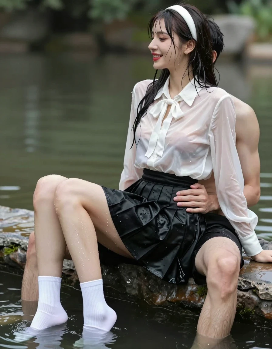 photo of young woman, in soaking wet, drenched clothes,
white socks, wet long black pleated satin skirt, wet white silk blouse, no bra., sitting in water in pond in summer, 
enjoying, wet clothes stuck to body,
detailed textures of the wet clothes, wet face, wet plastered hair,
wet, drenched, professional, high-quality details, full body view.
sharp focus, ultra-high pixel detail, realistic, high-quality, full colors, incredibly detailed, 4k, 8k, 16k, hyper-realistic, RAW photo, masterpiece, ultra-detailed, professionally color graded, professional photograph, sideview photo of smiling european female sitting in water in pond in summer, she has red lips, a young man with boxershorts is sitting next to her, he sits on her lap, she is wearing a shiny wet white translucent silk blouse without bra with wet white neckbow and a wet long black pleated satin skirt, no bra, her breasts show through her blouse, she has wet very long dark hair bangs, she wears a white hairband, the young man place his hand on her skirt, they kiss each other., wet skin, wet clothes, damp fabric
