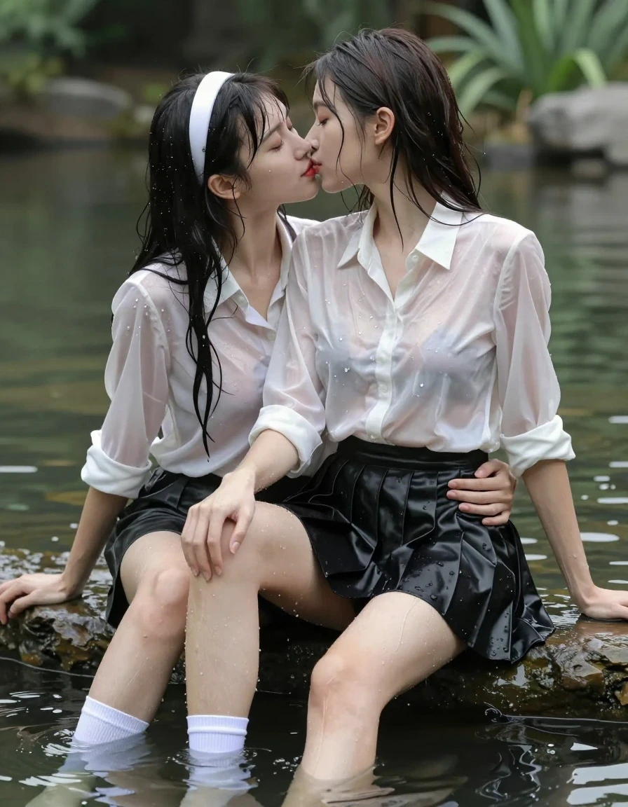 photo of young woman, in soaking wet, drenched clothes,
white socks, wet long black pleated satin skirt, wet white silk blouse, no bra., sitting in water in pond in summer, 
enjoying, wet clothes stuck to body,
detailed textures of the wet clothes, wet face, wet plastered hair,
wet, drenched, professional, high-quality details, full body view.
sharp focus, ultra-high pixel detail, realistic, high-quality, full colors, incredibly detailed, 4k, 8k, 16k, hyper-realistic, RAW photo, masterpiece, ultra-detailed, professionally color graded, professional photograph, sideview photo of smiling very young european female sitting in water in pond in summer, she has red lips, a young man with boxershorts is sitting next to her, he sits on her lap, she is wearing a shiny wet white translucent silk blouse without bra with wet white neckbow and a wet long black pleated satin skirt, no bra, her breasts show through her blouse, she has wet very long dark hair bangs, she wears a white hairband, the young man places both hands deep in her lap, they kiss each other., wet skin, wet clothes, damp fabric