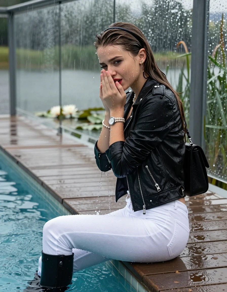 photo of young woman, in soaking wet, drenched clothes,
Black high boots, White tight levis skinny jeans, Black biker leatherjacket, tight v-neck sweater, shoulderbag, pearl necklace, bracelet, wristwatch, jetty by the lake with water lilies and reeds, 
enjoying, wet clothes stuck to body,
detailed textures of the wet clothes, wet face, wet plastered hair,
wet, drenched, professional, high-quality details, full body view.
sharp focus, ultra-high pixel detail, realistic, high-quality, full colors, incredibly detailed, 4k, 8k, 16k, hyper-realistic, RAW photo, masterpiece, ultra-detailed, professionally color graded, professional photograph, A realistic vertical fashion photograph taken from a backward, behind-the-back angle of a Young horny 12-year-old teengirl sitting  and slides in a glass-walled outdoor swimming pool, facing directly to the camera to show her back. 

She is tilting her head at camera, letting the water drench her hair so it is glued flat against her head and body. 
She has  brunette sleek long hair with hairband completely saturated and dripping wet hair, with water cascading down her face and neck. Shy and insecure expression. She is a Little Bit fearful and Smileys embarrassed. Hold her hands over her mouth. Slight Open mouth, half closed eyes. Make-up, red lips, down-Running Eyeliner.

The lighting is bright and cinematic, highlighting the glistening water droplets and the saturated texture of her  casual clothes. Outside the large glass wall of the pool building, heavy rain is visible falling against the window. Soft, moody indoor lighting with reflections on the water. High-quality fashion photography style.
her clothing is soaking wet and clinging tightly to her skin, showing heavy wet folds, darkened fabric texture, and deep water-saturated Patches, her clothes are heavy from the water, water runs from her body and her clothes in streams. A lot of water also runs out of her clothes. Her clothes are darkened by the water. 
hyper-realistic wetness, high-contrast water sheen, sharp focus, 16k resolution, professional photography, realistic water physics., wet skin, wet clothes, damp fabric., wet skin, wet clothes, damp fabric, wet skin, wet clothes, damp fabric, wet skin, wet clothes, damp fabric, wet skin, wet clothes, damp fabric, wet skin, wet clothes, damp fabric, wet skin, wet clothes, damp fabric, wet skin, wet clothes, damp fabric