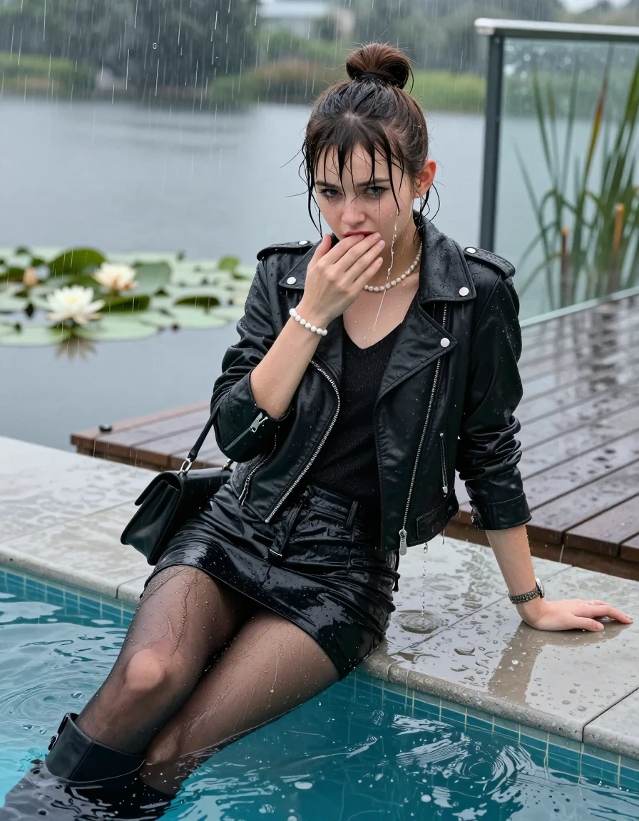 photo of young woman, in soaking wet, drenched clothes,
Black high boots, Short black mini skirt, black stockings , Black biker leatherjacket, tight v-neck sweater, shoulderbag, pearl necklace, bracelet, wristwatch, jetty by the lake with water lilies and reeds, 
enjoying, wet clothes stuck to body,
detailed textures of the wet clothes, wet face, wet plastered hair,
wet, drenched, professional, high-quality details, full body view.
sharp focus, ultra-high pixel detail, realistic, high-quality, full colors, incredibly detailed, 4k, 8k, 16k, hyper-realistic, RAW photo, masterpiece, ultra-detailed, professionally color graded, professional photograph, A realistic vertical fashion photograph taken from a backward, behind-the-back angle of a Young horny 12-year-old teengirl lying  and sliding in a glass-walled outdoor swimming pool, facing directly to the camera to show her back. 

She is tilting her head at camera, letting the water drench her hair so it is glued flat against her head and body. 
She has  brunette sticked up topknot with bangs, completely saturated and dripping wet hair, with water cascading down her face and neck. Shy and insecure expression. She is a Little Bit fearful and Smileys embarrassed. Hold her hands over her mouth. Slight Open mouth, half closed eyes. Make-up, red lips, down-Running Eyeliner.

The lighting is bright and cinematic, highlighting the glistening water droplets and the saturated texture of her  casual clothes. Outside the large glass wall of the pool building, heavy rain is visible falling against the window. Soft, moody indoor lighting with reflections on the water. High-quality fashion photography style.
her clothing is soaking wet and clinging tightly to her skin, showing heavy wet folds, darkened fabric texture, and deep water-saturated Patches, her clothes are heavy from the water, water runs from her body and her clothes in streams. A lot of water also runs out of her clothes. Her clothes are darkened by the water. 
hyper-realistic wetness, high-contrast water sheen, sharp focus, 16k resolution, professional photography, realistic water physics., wet skin, wet clothes, damp fabric., wet skin, wet clothes, damp fabric, wet skin, wet clothes, damp fabric, wet skin, wet clothes, damp fabric, wet skin, wet clothes, damp fabric, wet skin, wet clothes, damp fabric, wet skin, wet clothes, damp fabric