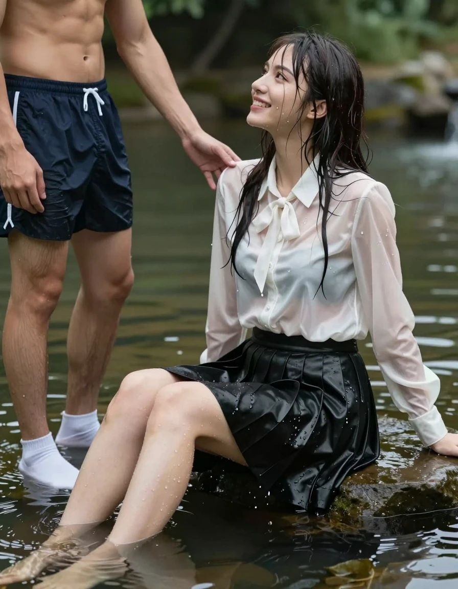 photo of young woman, in soaking wet, drenched clothes,
white socks, wet long black pleated satin skirt, wet white satin blouse, sitting in water in pond in summer, 
enjoying, wet clothes stuck to body,
detailed textures of the wet clothes, wet face, wet plastered hair,
wet, drenched, professional, high-quality details, full body view.
sharp focus, ultra-high pixel detail, realistic, high-quality, full colors, incredibly detailed, 4k, 8k, 16k, hyper-realistic, RAW photo, masterpiece, ultra-detailed, professionally color graded, professional photograph, sideview photo of smiling european female sitting in water in pond in summer, a young man with boxershorts is standing next to her, she is wearing a shiny wet white satin blouse with wet white neckbow and a wet long black pleated satin skirt, she has wet long dark hair bangs, the young man lays his hand on her blouse., wet skin, wet clothes, damp fabric