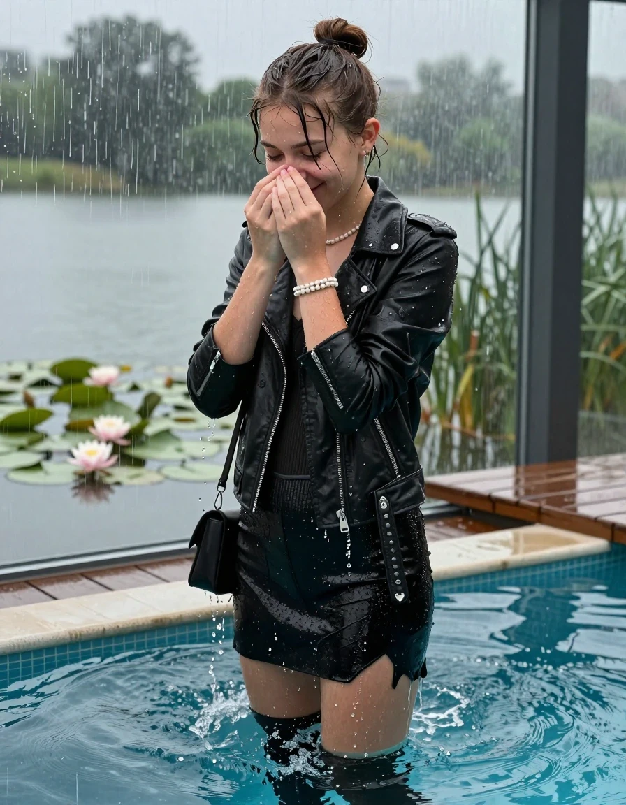 photo of young woman, in soaking wet, drenched clothes,
High boots, Short black mini skirt, black stockings , Black biker leatherjacket, tight v-neck sweater, shoulderbag, pearl necklace, bracelet, wristwatch, jetty by the lake with water lilies and reeds, 
enjoying, wet clothes stuck to body,
detailed textures of the wet clothes, wet face, wet plastered hair,
wet, drenched, professional, high-quality details, full body view.
sharp focus, ultra-high pixel detail, realistic, high-quality, full colors, incredibly detailed, 4k, 8k, 16k, hyper-realistic, RAW photo, masterpiece, ultra-detailed, professionally color graded, professional photograph, A realistic vertical fashion photograph taken from a backward, behind-the-back angle of a Young horny 12-year-old teengirl sliding in a glass-walled outdoor swimming pool, facing directly to the camera to show her back. 

She is tilting her head at camera, letting the water drench her hair so it is glued flat against her head and body. 
She has  brunette sticked up topknot with bangs, completely saturated and dripping wet hair, with water cascading down her face and neck. Shy and insecure expression. She is a Little Bit fearful and Smileys embarrassed. Hold her hands over her nose. Closed mouth, closed eyes. 

The lighting is bright and cinematic, highlighting the glistening water droplets and the saturated texture of her  casual clothes. Outside the large glass wall of the pool building, heavy rain is visible falling against the window. Soft, moody indoor lighting with reflections on the water. High-quality fashion photography style.
her clothing is soaking wet and clinging tightly to her skin, showing heavy wet folds, darkened fabric texture, and deep water-saturated Patches, her clothes are heavy from the water, water runs from her body and her clothes in streams. A lot of water also runs out of her clothes. Her clothes are darkened by the water. 
hyper-realistic wetness, high-contrast water sheen, sharp focus, 16k resolution, professional photography, realistic water physics., wet skin, wet clothes, damp fabric., wet skin, wet clothes, damp fabric, wet skin, wet clothes, damp fabric, wet skin, wet clothes, damp fabric, wet skin, wet clothes, damp fabric, wet skin, wet clothes, damp fabric, wet skin, wet clothes, damp fabric
