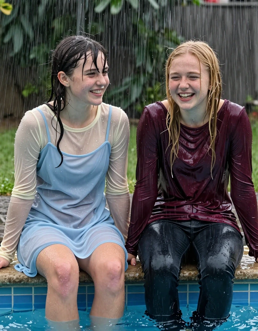 photo of young woman, in soaking wet, drenched clothes,
, , casual wear, 2 girls sitting on the edge of the pool while it pours water on them during a heavy storm, 
enjoying, wet clothes stuck to body,
detailed textures of the wet clothes, wet face, wet plastered hair,
wet, drenched, professional, high-quality details, full body view.
sharp focus, ultra-high pixel detail, realistic, high-quality, full colors, incredibly detailed, 4k, 8k, 16k, hyper-realistic, RAW photo, masterpiece, ultra-detailed, professionally color graded, professional photograph, 2 small college girls both having fun together. both similar age, a nineteen year old girl, she is small, young, petite, with a flat and slim body, a She has a wide square young face a very small chest, she is a pale brunette with a ponytail and bangs and a septum piercing, She is full of youthful energy, she is wearing a cream long sleeve see through sparkly undershirt underneath her thick pale blue dress with a closed neckline. her friend is slightly shorter, she has blonde hair, she is wearing dark colored soaked loose jeans and a long sleeve maroon top. her clothes darken from the water. She has a wide square face,, wet skin, wet clothes, damp fabric, wet skin, wet clothes, damp fabric, wet skin, wet clothes, damp fabric