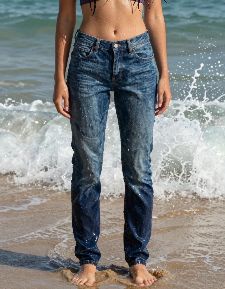 A stunning young adult European woman standing barefoot on a sandy beach, fully drenched from head to toe. She is wearing a crop top and soaking-wet blue denim jeans, water-saturated heavyweight denim, blue changed to deep navy and indigo, substantially darker unevenly soaked patches, absorbed water, heavy wet folds, visible weave and stitching, and strong glossy specular reflections on the raised weave, seams, and creases. Her skin is glistening with water, and her hair is wet and plastered to her head. Behind her, a large ocean wave is crashing, sending spray and water over her. The atmosphere is intensely wet and saturated, with no dry areas on her skin or clothing. High-resolution, photorealistic, cinematic lighting capturing the water sheen and the heavy, clinging texture of the wet fabric, 8k, sharp focus on the wet denim texture, dynamic splashing water environment.