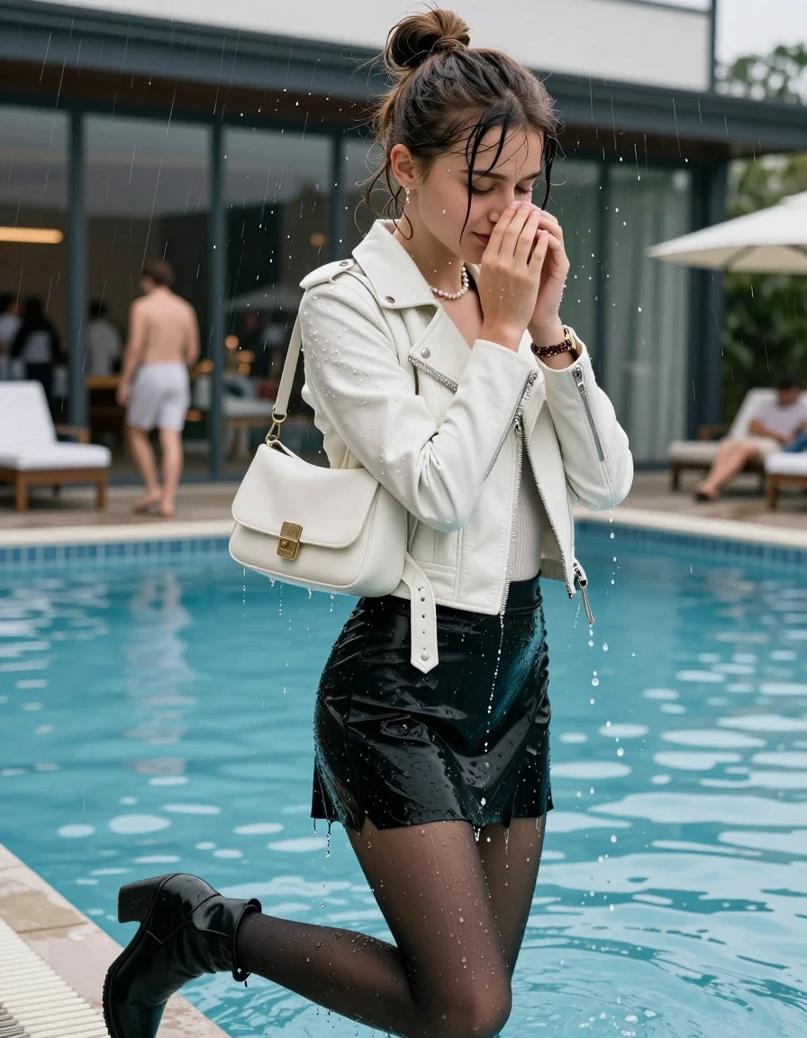 photo of young woman, in soaking wet, drenched clothes,
High boots, Short black mini skirt, black stockings , White biker leatherjacket, tight v-neck sweater, shoulderbag, pearl necklace, bracelet, wristwatch, jetty by the Swimming pool at a crowded pool party , 
enjoying, wet clothes stuck to body,
detailed textures of the wet clothes, wet face, wet plastered hair,
wet, drenched, professional, high-quality details, full body view.
sharp focus, ultra-high pixel detail, realistic, high-quality, full colors, incredibly detailed, 4k, 8k, 16k, hyper-realistic, RAW photo, masterpiece, ultra-detailed, professionally color graded, professional photograph, A realistic vertical fashion photograph taken from a backward, behind-the-back angle of a Young horny 12-year-old teengirl Jumps head over into  into a glass-walled outdoor swimming pool, facing directly to the camera to show her back. 

She is tilting her head at camera, letting the water drench her hair so it is glued flat against her head and body. 
She has  brunette sticked up topknot with bangs, completely saturated and dripping wet hair, with water cascading down her face and neck. Shy and insecure expression. She is a Little Bit fearful and Smileys embarrassed. Hold her hands over her nose. Closed mouth, closed eyes. 

The lighting is bright and cinematic, highlighting the glistening water droplets and the saturated texture of her  casual clothes. Outside the large glass wall of the pool building, heavy rain is visible falling against the window. Soft, moody indoor lighting with reflections on the water. High-quality fashion photography style.
her clothing is soaking wet and clinging tightly to her skin, showing heavy wet folds, darkened fabric texture, and deep water-saturated Patches, her clothes are heavy from the water, water runs from her body and her clothes in streams. A lot of water also runs out of her clothes. Her clothes are darkened by the water. 
hyper-realistic wetness, high-contrast water sheen, sharp focus, 16k resolution, professional photography, realistic water physics., wet skin, wet clothes, damp fabric., wet skin, wet clothes, damp fabric, wet skin, wet clothes, damp fabric, wet skin, wet clothes, damp fabric, wet skin, wet clothes, damp fabric, wet skin, wet clothes, damp fabric, wet skin, wet clothes, damp fabric, wet skin, wet clothes, damp fabric, wet skin, wet clothes, damp fabric