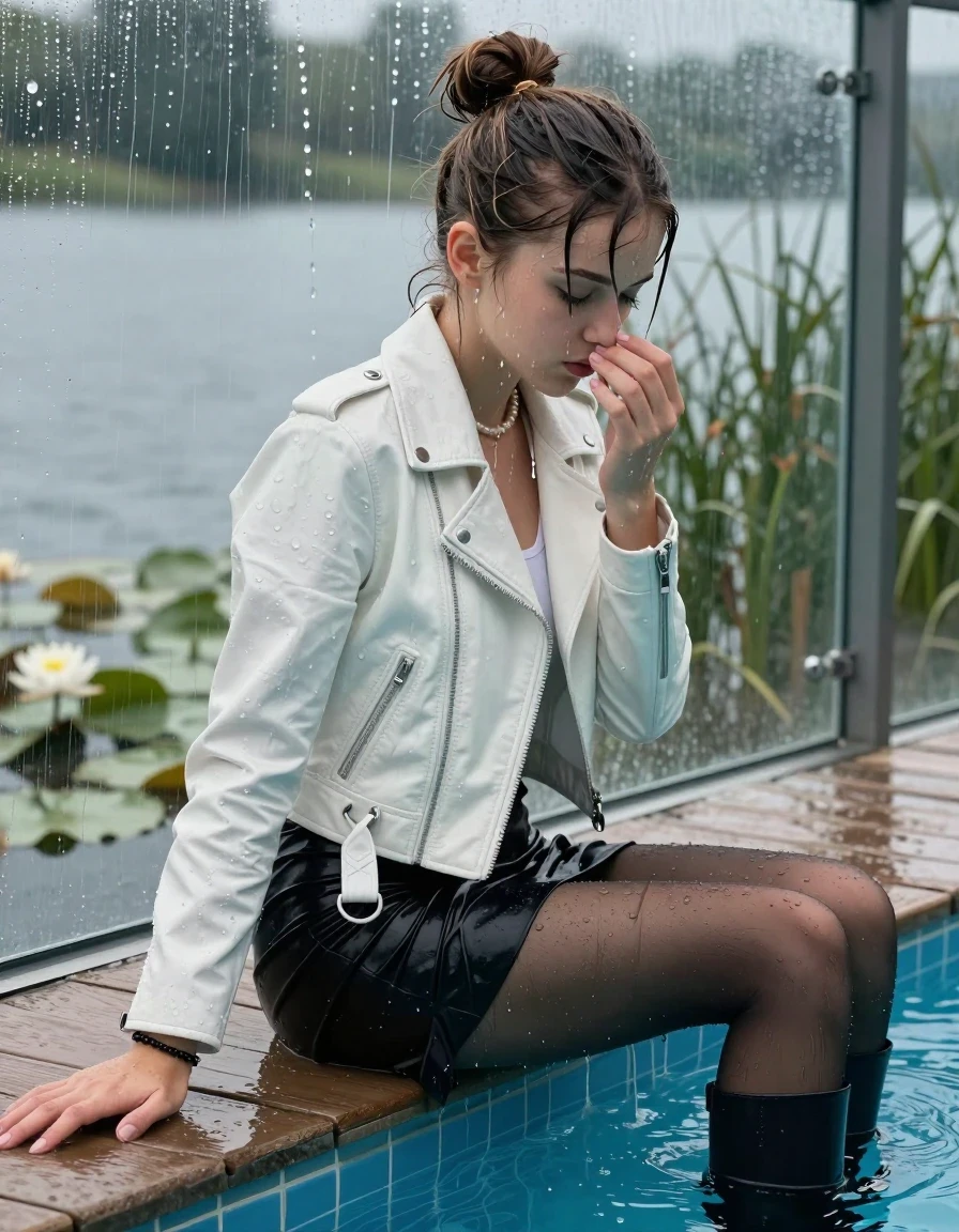 photo of young woman, in soaking wet, drenched clothes,
High boots, Short black mini skirt, black stockings , White biker leatherjacket, tight v-neck sweater, shoulderbag, pearl necklace, bracelet, wristwatch, jetty by the lake with water lilies and reeds, 
enjoying, wet clothes stuck to body,
detailed textures of the wet clothes, wet face, wet plastered hair,
wet, drenched, professional, high-quality details, full body view.
sharp focus, ultra-high pixel detail, realistic, high-quality, full colors, incredibly detailed, 4k, 8k, 16k, hyper-realistic, RAW photo, masterpiece, ultra-detailed, professionally color graded, professional photograph, A realistic vertical fashion photograph taken from a backward, behind-the-back angle of a Young horny 12-year-old teengirl sitting  and sliding in a glass-walled outdoor swimming pool, facing directly to the camera to show her back. 

She is tilting her head at camera, letting the water drench her hair so it is glued flat against her head and body. 
She has  brunette sticked up topknot with bangs, completely saturated and dripping wet hair, with water cascading down her face and neck. Shy and insecure expression. She is a Little Bit fearful and Smileys embarrassed. Hold her hands over her nose. Closed mouth, closed eyes. 

The lighting is bright and cinematic, highlighting the glistening water droplets and the saturated texture of her  casual clothes. Outside the large glass wall of the pool building, heavy rain is visible falling against the window. Soft, moody indoor lighting with reflections on the water. High-quality fashion photography style.
her clothing is soaking wet and clinging tightly to her skin, showing heavy wet folds, darkened fabric texture, and deep water-saturated Patches, her clothes are heavy from the water, water runs from her body and her clothes in streams. A lot of water also runs out of her clothes. Her clothes are darkened by the water. 
hyper-realistic wetness, high-contrast water sheen, sharp focus, 16k resolution, professional photography, realistic water physics., wet skin, wet clothes, damp fabric., wet skin, wet clothes, damp fabric, wet skin, wet clothes, damp fabric, wet skin, wet clothes, damp fabric, wet skin, wet clothes, damp fabric, wet skin, wet clothes, damp fabric, wet skin, wet clothes, damp fabric