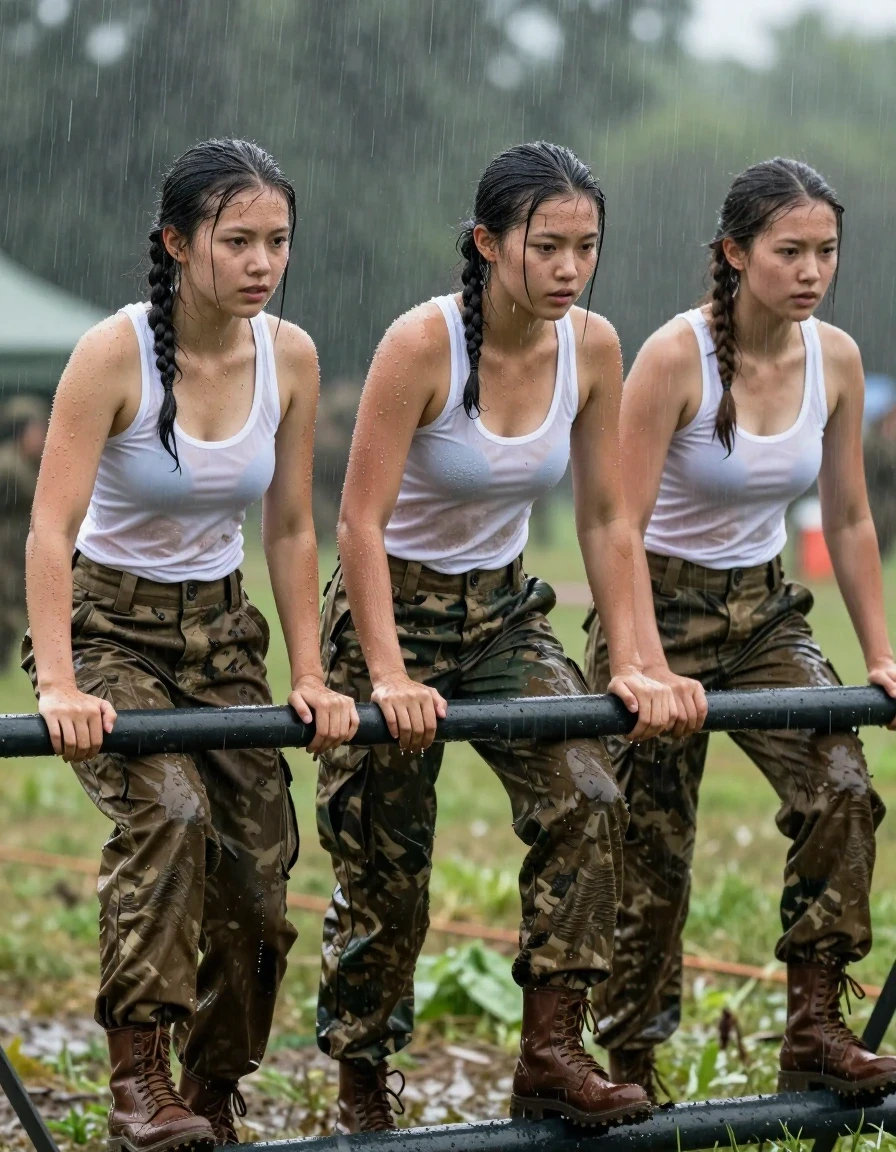 photo of young woman, in soaking wet, drenched clothes,
brown army boots, Camouflage pattern army trousers, thin white tanktop, no bra, lawn field. army camp in background, 
enjoying, wet clothes stuck to body,
detailed textures of the wet clothes, wet face, wet plastered hair,
wet, drenched, professional, high-quality details, full body view.
sharp focus, ultra-high pixel detail, realistic, high-quality, full colors, incredibly detailed, 4k, 8k, 16k, hyper-realistic, RAW photo, masterpiece, ultra-detailed, professionally color graded, professional photograph, three 25 jear old girls climbing over an obstacle on an army training course. there is a heavy rainstorm. . Their tankops, trousers are drenched with water smeared with mud. the hair and faces are dirty with mud. the girls wear no bra their breasts are visible through the wet tank tops. water and mud runs down thair hair and Body, nordic girls, wet skin, wet clothes, damp fabric