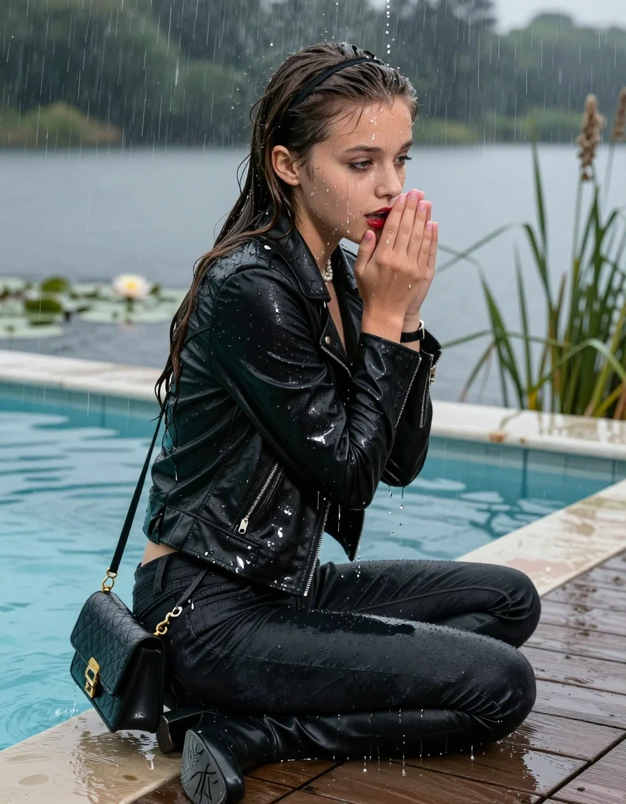 photo of young woman, in soaking wet, drenched clothes,
Black high boots, Dark tight levis skinny jeans, Black biker leatherjacket, tight v-neck sweater, shoulderbag, pearl necklace, bracelet, wristwatch, jetty by the lake with water lilies and reeds, 
enjoying, wet clothes stuck to body,
detailed textures of the wet clothes, wet face, wet plastered hair,
wet, drenched, professional, high-quality details, full body view.
sharp focus, ultra-high pixel detail, realistic, high-quality, full colors, incredibly detailed, 4k, 8k, 16k, hyper-realistic, RAW photo, masterpiece, ultra-detailed, professionally color graded, professional photograph, A realistic vertical fashion photograph taken from a backward, behind-the-back angle of a Young horny 12-year-old teengirl sitting  and slides in a glass-walled outdoor swimming pool, facing directly to the camera to show her back. 

She is tilting her head at camera, letting the water drench her hair so it is glued flat against her head and body. 
She has  brunette sleek long hair with hairband completely saturated and dripping wet hair, with water cascading down her face and neck. Shy and insecure expression. She is a Little Bit fearful and Smileys embarrassed. Hold her hands over her mouth. Slight Open mouth, half closed eyes. Make-up, red lips, down-Running Eyeliner.

The lighting is bright and cinematic, highlighting the glistening water droplets and the saturated texture of her  casual clothes. Outside the large glass wall of the pool building, heavy rain is visible falling against the window. Soft, moody indoor lighting with reflections on the water. High-quality fashion photography style.
her clothing is soaking wet and clinging tightly to her skin, showing heavy wet folds, darkened fabric texture, and deep water-saturated Patches, her clothes are heavy from the water, water runs from her body and her clothes in streams. A lot of water also runs out of her clothes. Her clothes are darkened by the water. 
hyper-realistic wetness, high-contrast water sheen, sharp focus, 16k resolution, professional photography, realistic water physics., wet skin, wet clothes, damp fabric., wet skin, wet clothes, damp fabric, wet skin, wet clothes, damp fabric, wet skin, wet clothes, damp fabric, wet skin, wet clothes, damp fabric, wet skin, wet clothes, damp fabric, wet skin, wet clothes, damp fabric, wet skin, wet clothes, damp fabric