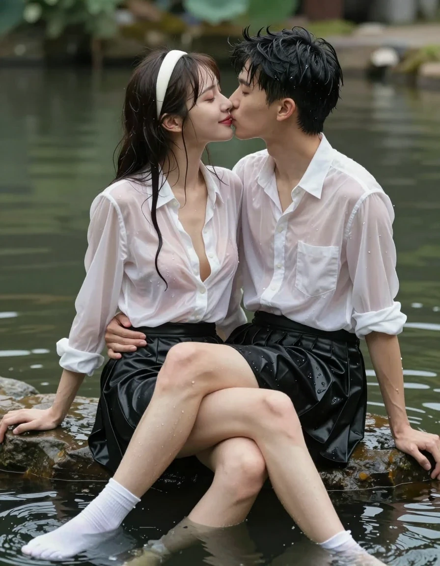 photo of young woman, in soaking wet, drenched clothes,
white socks, wet long black pleated satin skirt, wet white silk blouse, no bra., sitting in water in pond in summer, 
enjoying, wet clothes stuck to body,
detailed textures of the wet clothes, wet face, wet plastered hair,
wet, drenched, professional, high-quality details, full body view.
sharp focus, ultra-high pixel detail, realistic, high-quality, full colors, incredibly detailed, 4k, 8k, 16k, hyper-realistic, RAW photo, masterpiece, ultra-detailed, professionally color graded, professional photograph, sideview photo of smiling very young european female sitting in water in pond in summer, she has red lips, a young man with boxershorts is sitting next to her, he sits on her lap, she is wearing a shiny wet white translucent silk blouse without bra with wet white neckbow and a wet long black pleated satin skirt, no bra, her breasts show through her blouse, she has wet very long dark hair bangs, she wears a white hairband, the young man places both hands deep in her lap, they kiss each other., wet skin, wet clothes, damp fabric