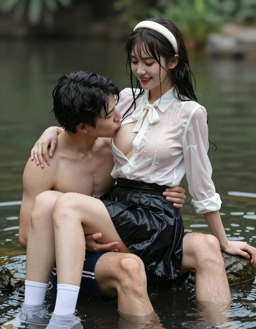 photo of young woman, in soaking wet, drenched clothes,
white socks, wet long black pleated satin skirt, wet white satin blouse, no bra., sitting in water in pond in summer, 
enjoying, wet clothes stuck to body,
detailed textures of the wet clothes, wet face, wet plastered hair,
wet, drenched, professional, high-quality details, full body view.
sharp focus, ultra-high pixel detail, realistic, high-quality, full colors, incredibly detailed, 4k, 8k, 16k, hyper-realistic, RAW photo, masterpiece, ultra-detailed, professionally color graded, professional photograph, sideview photo of smiling european female sitting in water in pond in summer, she has red lips, a young man with boxershorts is sitting next to her, she sits on his lap,she is wearing a shiny wet white translucent satin blouse with wet white neckbow and a wet long black pleated satin skirt, no bra, her breasts show through her blouse, she has wet long dark hair bangs, she wears a white hairband, the young man leans down and kiss her breast., wet skin, wet clothes, damp fabric
