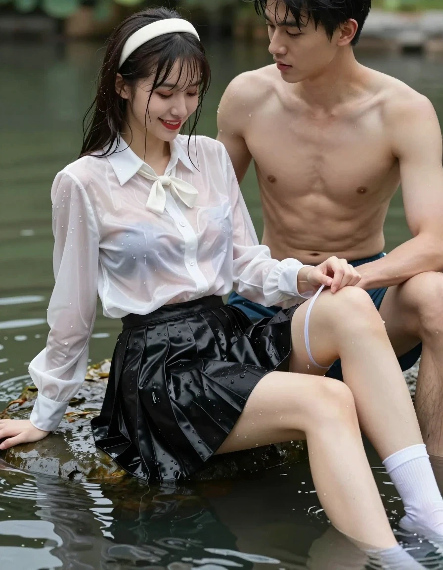 photo of young woman, in soaking wet, drenched clothes,
white socks, wet long black pleated satin skirt, wet white satin blouse, no bra., sitting in water in pond in summer, 
enjoying, wet clothes stuck to body,
detailed textures of the wet clothes, wet face, wet plastered hair,
wet, drenched, professional, high-quality details, full body view.
sharp focus, ultra-high pixel detail, realistic, high-quality, full colors, incredibly detailed, 4k, 8k, 16k, hyper-realistic, RAW photo, masterpiece, ultra-detailed, professionally color graded, professional photograph, sideview photo of smiling european female sitting in water in pond in summer, she has red lips, a young man with boxershorts is sitting next to her, she sits on his lap,she is wearing a shiny wet white translucent satin blouse with wet white neckbow and a wet long black pleated satin skirt, no bra, her breasts show through her blouse, she has wet very long dark hair bangs, she wears a white hairband, the young man lift up her skirt an her white panty is visible., wet skin, wet clothes, damp fabric