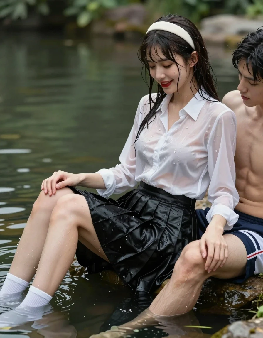 photo of young woman, in soaking wet, drenched clothes,
white socks, wet long black pleated satin skirt, wet white satin blouse, no bra., sitting in water in pond in summer, 
enjoying, wet clothes stuck to body,
detailed textures of the wet clothes, wet face, wet plastered hair,
wet, drenched, professional, high-quality details, full body view.
sharp focus, ultra-high pixel detail, realistic, high-quality, full colors, incredibly detailed, 4k, 8k, 16k, hyper-realistic, RAW photo, masterpiece, ultra-detailed, professionally color graded, professional photograph, sideview photo of smiling european female sitting in water in pond in summer, she has red lips, a young man with boxershorts is sitting next to her, she sits on his lap,she is wearing a shiny wet white translucent satin blouse with wet white neckbow and a wet long black pleated satin skirt, no bra, her breasts show through her blouse, she has wet long dark hair bangs, she wears a white hairband, the young man leans down and kiss her skirt., wet skin, wet clothes, damp fabric