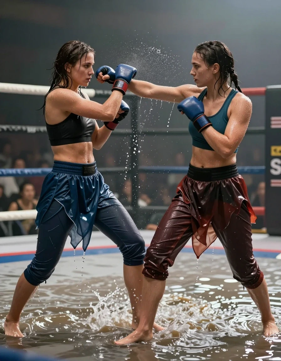A high-action, photorealistic shot of two young adult European women engaged in an intense martial arts sparring match in a shallow, water-covered combat arena. Both women are completely drenched, with wet, matted hair clinging to their skin and faces, and water dripping from their limbs. They are wearing cropped, belly-baring athletic tops, short, tight sports leggings, and long, flowing fight skirts, all of which are heavy, soaking-wet, and clinging to their bodies with translucent, dark-saturated fabric patches and visible water-weight folds. The scene is saturated with moisture, showing the women splashing through the shallow water as they move, with water droplets and ripples captured in sharp detail. The lighting is cinematic, highlighting the wet sheen on their skin and the deep, unevenly soaked textures of their performance fabric clothing. Wide-angle shot capturing their dynamic combat stance, high-speed shutter, professional sports photography style, 8k resolution, extreme detail on water physics and wet material textures.