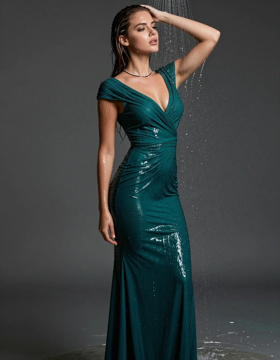A stunning young adult European woman with a sexy, athletic physique, captured in a high-fashion photorealistic shot. She is wearing a floor-length emerald teal formal gown with short cap sleeves and a delicate, thin plain necklace. The fabric of the gown is completely drenched, clinging tightly to her silhouette, showing heavy wet folds, darkened deep-teal saturation, and strong, glossy specular reflections where the water catches the light. Her skin and hair are visibly soaked, glistening with moisture and shampoo suds trailing down her shoulders. She is posing in heels while standing in a shower, actively rinsing herself with water while fully clothed. The scene is lit with dramatic, crisp studio lighting that emphasizes the texture of the wet fabric and the sheen on her skin. 8k resolution, cinematic composition, hyper-detailed wet textures, sharp focus, professional photography.