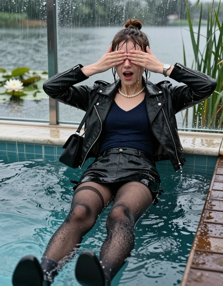 photo of young woman, in soaking wet, drenched clothes,
High heels, Short black mini skirt, black stockings , Black biker leatherjacket, tight v-neck sweater, shoulderbag, pearl necklace, bracelet, wristwatch, jetty by the lake with water lilies and reeds, 
enjoying, wet clothes stuck to body,
detailed textures of the wet clothes, wet face, wet plastered hair,
wet, drenched, professional, high-quality details, full body view.
sharp focus, ultra-high pixel detail, realistic, high-quality, full colors, incredibly detailed, 4k, 8k, 16k, hyper-realistic, RAW photo, masterpiece, ultra-detailed, professionally color graded, professional photograph, A realistic vertical fashion photograph taken from a backward, behind-the-back angle of a Young horny 12-year-old teengirl lying  and sliding in a glass-walled outdoor swimming pool, facing directly to the camera to show her back. 

She is tilting her head at camera, letting the water drench her hair so it is glued flat against her head and body. 
She has  brunette sticked up topknot with bangs, completely saturated and dripping wet hair, with water cascading down her face and neck. Shy and insecure expression. She is a Little Bit fearful and Smileys embarrassed. Hold her hands over her eyes. Wide Open mouth, big eyes. 

The lighting is bright and cinematic, highlighting the glistening water droplets and the saturated texture of her  casual clothes. Outside the large glass wall of the pool building, heavy rain is visible falling against the window. Soft, moody indoor lighting with reflections on the water. High-quality fashion photography style.
her clothing is soaking wet and clinging tightly to her skin, showing heavy wet folds, darkened fabric texture, and deep water-saturated Patches, her clothes are heavy from the water, water runs from her body and her clothes in streams. A lot of water also runs out of her clothes. Her clothes are darkened by the water. 
hyper-realistic wetness, high-contrast water sheen, sharp focus, 16k resolution, professional photography, realistic water physics., wet skin, wet clothes, damp fabric., wet skin, wet clothes, damp fabric, wet skin, wet clothes, damp fabric, wet skin, wet clothes, damp fabric, wet skin, wet clothes, damp fabric, wet skin, wet clothes, damp fabric, wet skin, wet clothes, damp fabric