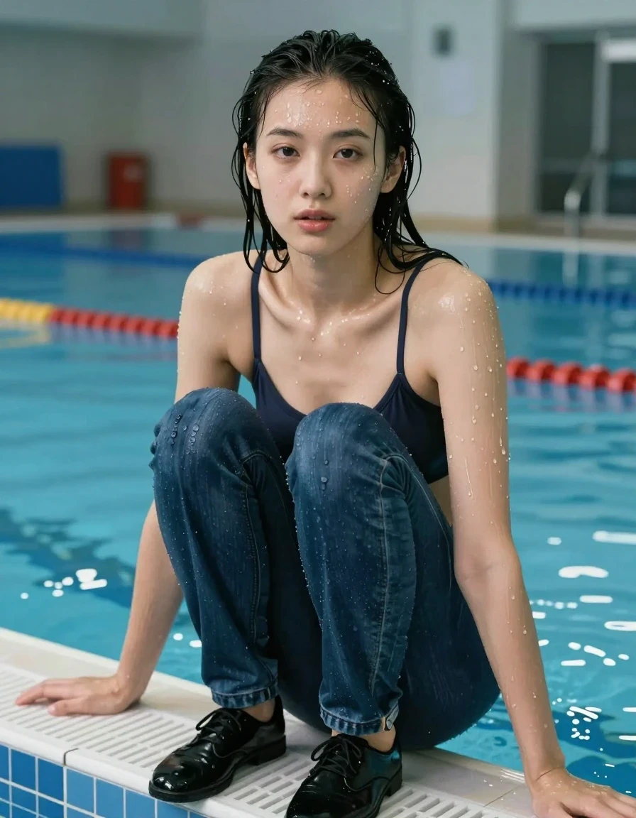 photo of young woman, in soaking wet, drenched clothes,
Black shoes, Jeans, Strappy top, Indoor pool, 
enjoying, wet clothes stuck to body,
detailed textures of the wet clothes, wet face, wet plastered hair,
wet, drenched, professional, high-quality details, full body view.
sharp focus, ultra-high pixel detail, realistic, high-quality, full colors, incredibly detailed, 4k, 8k, 16k, hyper-realistic, RAW photo, masterpiece, ultra-detailed, professionally color graded, professional photograph, wet skin, wet clothes, damp fabric
