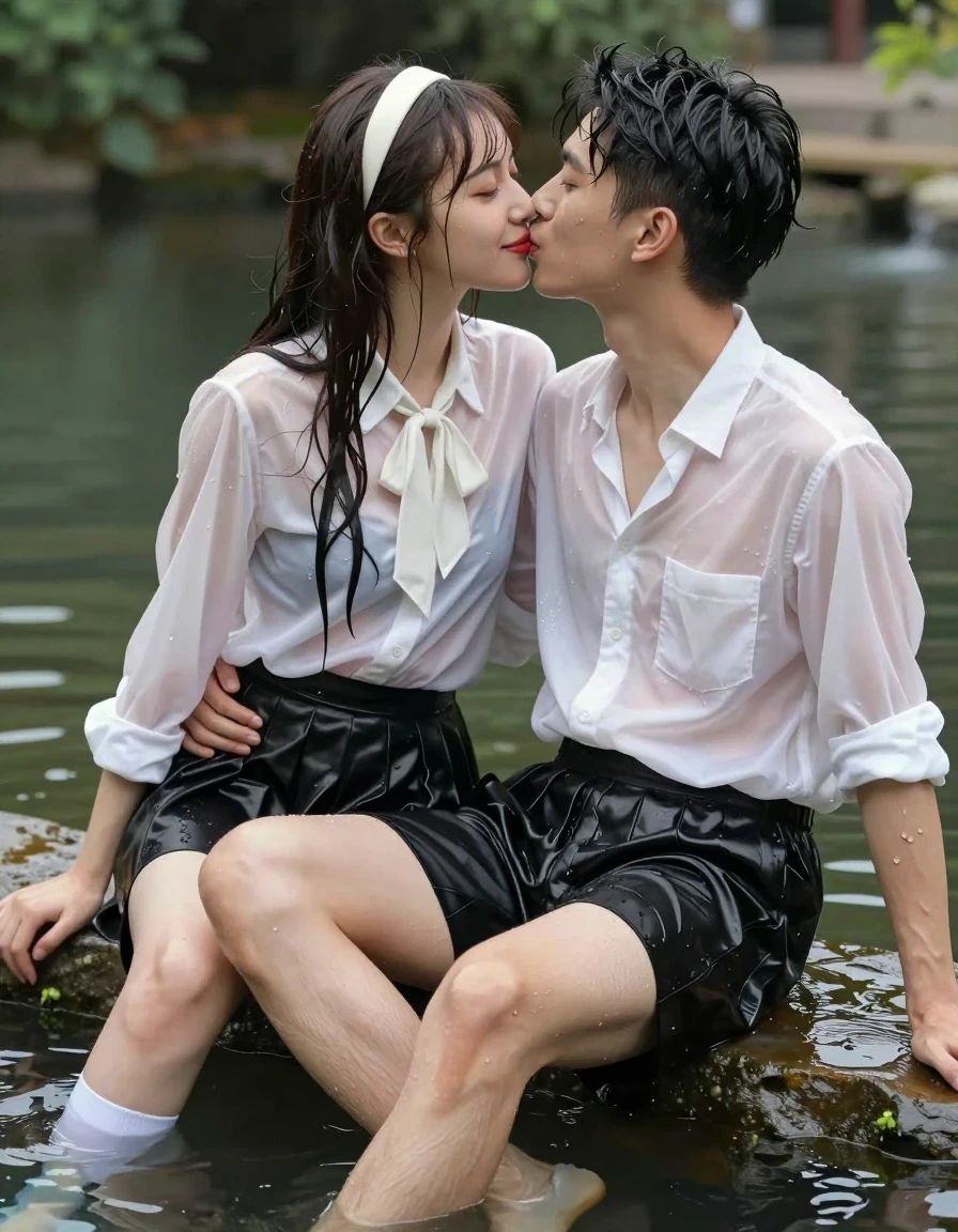 photo of young woman, in soaking wet, drenched clothes,
white socks, wet long black pleated satin skirt, wet white satin blouse, no bra., sitting in water in pond in summer, 
enjoying, wet clothes stuck to body,
detailed textures of the wet clothes, wet face, wet plastered hair,
wet, drenched, professional, high-quality details, full body view.
sharp focus, ultra-high pixel detail, realistic, high-quality, full colors, incredibly detailed, 4k, 8k, 16k, hyper-realistic, RAW photo, masterpiece, ultra-detailed, professionally color graded, professional photograph, sideview photo of smiling european female sitting in water in pond in summer, she has red lips, a young man with boxershorts is sitting next to her, she sits on his lap,she is wearing a shiny wet white translucent satin blouse with wet white neckbow and a wet long black pleated satin skirt, no bra, her breasts show through her blouse, she has wet long dark hair bangs, she wears a white hairband, she is kissing the young man, the young man place a hand on her lap., wet skin, wet clothes, damp fabric