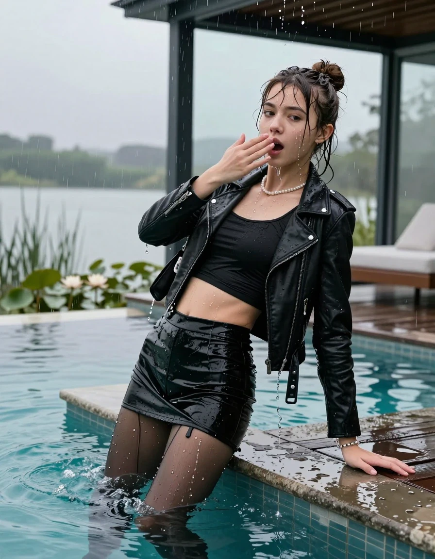 photo of young woman, in soaking wet, drenched clothes,
Black high heels, Short black mini skirt, black stockings , Black biker leatherjacket, tight sexy tshirt with a wide neckline belly free, shoulderbag, pearl necklace, bracelet, wristwatch, jetty by the lake with water lilies and reeds, 
enjoying, wet clothes stuck to body,
detailed textures of the wet clothes, wet face, wet plastered hair,
wet, drenched, professional, high-quality details, full body view.
sharp focus, ultra-high pixel detail, realistic, high-quality, full colors, incredibly detailed, 4k, 8k, 16k, hyper-realistic, RAW photo, masterpiece, ultra-detailed, professionally color graded, professional photograph, A realistic vertical fashion photograph  of a Young horny 12-year-old teengirl falls backward into the water from the Edge of a glass-walled outdoor swimming pool, facing down at camera to show her back. 

She is tilting her head at camera, letting the water drench her hair so it is glued flat against her head and body. 
She has  brunette sticked up topknot with bangs, completely saturated and dripping wet hair, with water cascading down her face and neck. Shocked and astonished expression. She is a Little Bit fearful. one hand in front of her mouth. One Hand streched up. Open  mouth, half closed eyes. 

The lighting is bright and cinematic, highlighting the glistening water droplets and the saturated texture of her  casual clothes. Outside the large glass wall of the pool building, heavy rain is visible falling against the window. Soft, moody indoor lighting with reflections on the water. High-quality fashion photography style.
her clothing is soaking wet and clinging tightly to her skin, showing heavy wet folds, darkened fabric texture, and deep water-saturated Patches, her clothes are heavy from the water, water runs from her body and her clothes in streams. A lot of water also runs out of her clothes. Her clothes are darkened by the water. 
hyper-realistic wetness, high-contrast water sheen, sharp focus, 16k resolution, professional photography, realistic water physics., wet skin, wet clothes, damp fabric., wet skin, wet clothes, damp fabric, wet skin, wet clothes, damp fabric, wet skin, wet clothes, damp fabric, wet skin, wet clothes, damp fabric, wet skin, wet clothes, damp fabric, wet skin, wet clothes, damp fabric