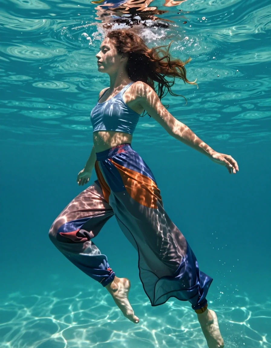 A stunning, photorealistic underwater shot of a young adult European woman with flowing wet hair, actively swimming and diving through a clear turquoise underwater environment. She is wearing a cropped, form-fitting top and a stylish maxi dress layered over leggings, all garments clearly soaked through and clinging to her body. The fabric of the dress and leggings is heavy with water, exhibiting deep, saturated colors, visible creases, and folds that cling to her legs, with water sheen and light refraction enhancing the texture of the saturated materials. Her skin is glistening with wetness, and her bare feet are visible as she kicks through the current. The lighting is composed of dramatic sunbeams piercing through the water surface from above, creating caustic light patterns on her body and the surrounding environment. The image captures a dynamic, fully submerged moment with high-detail photographic clarity, emphasizing the heavy, wet, and water-saturated state of her clothing, ensuring no part of the scene remains dry.