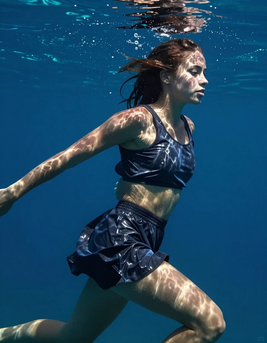 A photorealistic underwater shot of a young adult European woman with wet, slicked-back hair and glistening, water-drenched skin, actively swimming through deep blue ocean water. She is wearing a cropped, belly-baring top that clings to her body, paired with a short skirt layered over fitted shorts. The fabrics are completely water-saturated, displaying deep, darkened tones, heavy clinging folds, and a high-gloss sheen indicative of total immersion. The scene captures her in a dynamic, fluid motion while diving, with light rays refracting through the water surface above to create shimmering caustic patterns on her skin and clothing. The atmosphere is entirely submerged, with no part of the subject or clothing remaining dry. Cinematic lighting, high-speed underwater photography, sharp focus on the subject, hyper-realistic water texture, vibrant blue color palette with deep shadows and bright specular highlights on wet surfaces.
