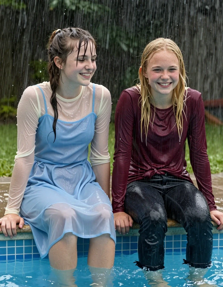 photo of young woman, in soaking wet, drenched clothes,
, , casual wear, 2 girls sitting on the edge of the pool while it pours water on them during a heavy storm, 
enjoying, wet clothes stuck to body,
detailed textures of the wet clothes, wet face, wet plastered hair,
wet, drenched, professional, high-quality details, full body view.
sharp focus, ultra-high pixel detail, realistic, high-quality, full colors, incredibly detailed, 4k, 8k, 16k, hyper-realistic, RAW photo, masterpiece, ultra-detailed, professionally color graded, professional photograph, 2 small college girls both having fun together. both similar age, a nineteen year old girl, she is small, young, petite, with a flat and slim body, a She has a wide square young face a very small chest, she is a pale brunette with a ponytail and bangs and a septum piercing, She is full of youthful energy, she is wearing a cream long sleeve see through sparkly undershirt underneath her formal thick pale blue dress with a highish neckline, her dress has a flat front with a wider base. her friend is slightly shorter, she has blonde hair, she is wearing dark colored soaked loose jeans and a long sleeve maroon top. her clothes darken from the water. She has a wide square face,, wet skin, wet clothes, damp fabric, wet skin, wet clothes, damp fabric, wet skin, wet clothes, damp fabric