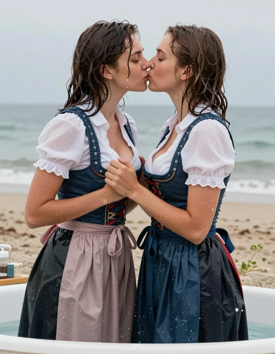 photo of young woman, in soaking wet, drenched clothes,
nothing, nothing, dirndl with white blouse, beach, 
enjoying, wet clothes stuck to body,
detailed textures of the wet clothes, wet face, wet plastered hair,
wet, drenched, professional, high-quality details, full body view.
sharp focus, ultra-high pixel detail, realistic, high-quality, full colors, incredibly detailed, 4k, 8k, 16k, hyper-realistic, RAW photo, masterpiece, ultra-detailed, professionally color graded, professional photograph, Zwei Frauen in Dirndl  sehen in der bath tube und Küssen sich. eine Frau steht hinter der anderen und hält die Brüste der anderen frau. die dirndl  der Frauen sind komplett nass. die blusen kleben am Körper. , wet skin, wet clothes, damp fabric, wet skin, wet clothes, damp fabric