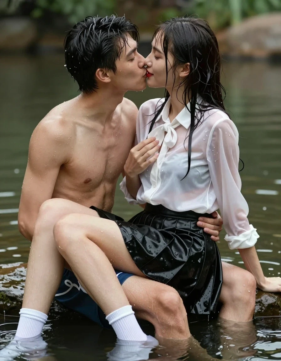 photo of young woman, in soaking wet, drenched clothes,
white socks, wet long black pleated satin skirt, wet white satin blouse, sitting in water in pond in summer, 
enjoying, wet clothes stuck to body,
detailed textures of the wet clothes, wet face, wet plastered hair,
wet, drenched, professional, high-quality details, full body view.
sharp focus, ultra-high pixel detail, realistic, high-quality, full colors, incredibly detailed, 4k, 8k, 16k, hyper-realistic, RAW photo, masterpiece, ultra-detailed, professionally color graded, professional photograph, sideview photo of smiling european female sitting in water in pond in summer, she has red lips, a young man with boxershorts is sitting next to her, she sits on his lap,she is wearing a shiny wet white translucent satin blouse with wet white neckbow and a wet long black pleated satin skirt, she has wet long dark hair bangs, she is kissing the young man, the young man place a hand on her breast., wet skin, wet clothes, damp fabric