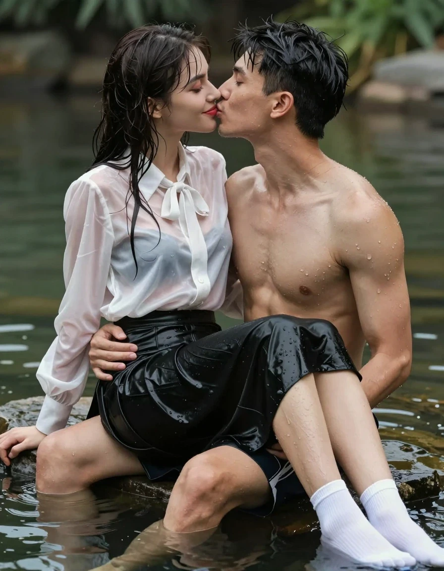 photo of young woman, in soaking wet, drenched clothes,
white socks, wet long black pleated satin skirt, wet white satin blouse, sitting in water in pond in summer, 
enjoying, wet clothes stuck to body,
detailed textures of the wet clothes, wet face, wet plastered hair,
wet, drenched, professional, high-quality details, full body view.
sharp focus, ultra-high pixel detail, realistic, high-quality, full colors, incredibly detailed, 4k, 8k, 16k, hyper-realistic, RAW photo, masterpiece, ultra-detailed, professionally color graded, professional photograph, sideview photo of smiling european female sitting in water in pond in summer, she has red lips, a young man with boxershorts is sitting next to her, she sits on his lap,she is wearing a shiny wet white translucent satin blouse with wet white neckbow and a wet long black pleated satin skirt, she has wet long dark hair bangs, she is kissing the young man, the young man place a hand on her skirt., wet skin, wet clothes, damp fabric