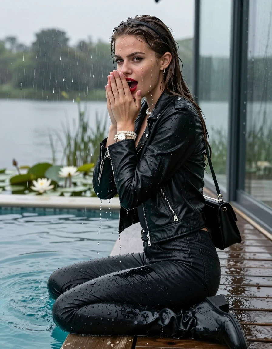 photo of young woman, in soaking wet, drenched clothes,
Black high boots, Dark tight levis skinny jeans, Black biker leatherjacket, tight v-neck sweater, shoulderbag, pearl necklace, bracelet, wristwatch, jetty by the lake with water lilies and reeds, 
enjoying, wet clothes stuck to body,
detailed textures of the wet clothes, wet face, wet plastered hair,
wet, drenched, professional, high-quality details, full body view.
sharp focus, ultra-high pixel detail, realistic, high-quality, full colors, incredibly detailed, 4k, 8k, 16k, hyper-realistic, RAW photo, masterpiece, ultra-detailed, professionally color graded, professional photograph, A realistic vertical fashion photograph taken from a backward, behind-the-back angle of a Young horny 18-year-old teengirl sitting  and slides in a glass-walled outdoor swimming pool, facing directly to the camera to show her back. 

She is tilting her head at camera, letting the water drench her hair so it is glued flat against her head and body. 
She has  brunette sleek long hair with hairband completely saturated and dripping wet hair, with water cascading down her face and neck. excited and sexuell aroused expression. She is a Little Bit fearful. Hold her hands over her mouth. Slight Open mouth, half closed eyes. Make-up, red lips, down-Running Eyeliner.

The lighting is bright and cinematic, highlighting the glistening water droplets and the saturated texture of her  casual clothes. Outside the large glass wall of the pool building, heavy rain is visible falling against the window. Soft, moody indoor lighting with reflections on the water. High-quality fashion photography style.
her clothing is soaking wet and clinging tightly to her skin, showing heavy wet folds, darkened fabric texture, and deep water-saturated Patches, her clothes are heavy from the water, water runs from her body and her clothes in streams. A lot of water also runs out of her clothes. Her clothes are darkened by the water. 
hyper-realistic wetness, high-contrast water sheen, sharp focus, 16k resolution, professional photography, realistic water physics., wet skin, wet clothes, damp fabric., wet skin, wet clothes, damp fabric, wet skin, wet clothes, damp fabric, wet skin, wet clothes, damp fabric, wet skin, wet clothes, damp fabric, wet skin, wet clothes, damp fabric, wet skin, wet clothes, damp fabric