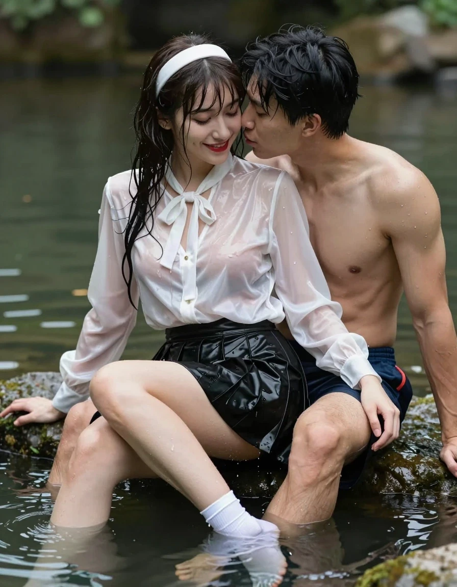 photo of young woman, in soaking wet, drenched clothes,
white socks, wet long black pleated satin skirt, wet white satin blouse, no bra., sitting in water in pond in summer, 
enjoying, wet clothes stuck to body,
detailed textures of the wet clothes, wet face, wet plastered hair,
wet, drenched, professional, high-quality details, full body view.
sharp focus, ultra-high pixel detail, realistic, high-quality, full colors, incredibly detailed, 4k, 8k, 16k, hyper-realistic, RAW photo, masterpiece, ultra-detailed, professionally color graded, professional photograph, sideview photo of smiling european female sitting in water in pond in summer, she has red lips, a young man with boxershorts is sitting next to her, she sits on his lap,she is wearing a shiny wet white translucent satin blouse with wet white neckbow and a wet long black pleated satin skirt, no bra, her breasts show through her blouse, she has wet long dark hair bangs, she wears a white hairband, the young man leans down and kiss her breast., wet skin, wet clothes, damp fabric