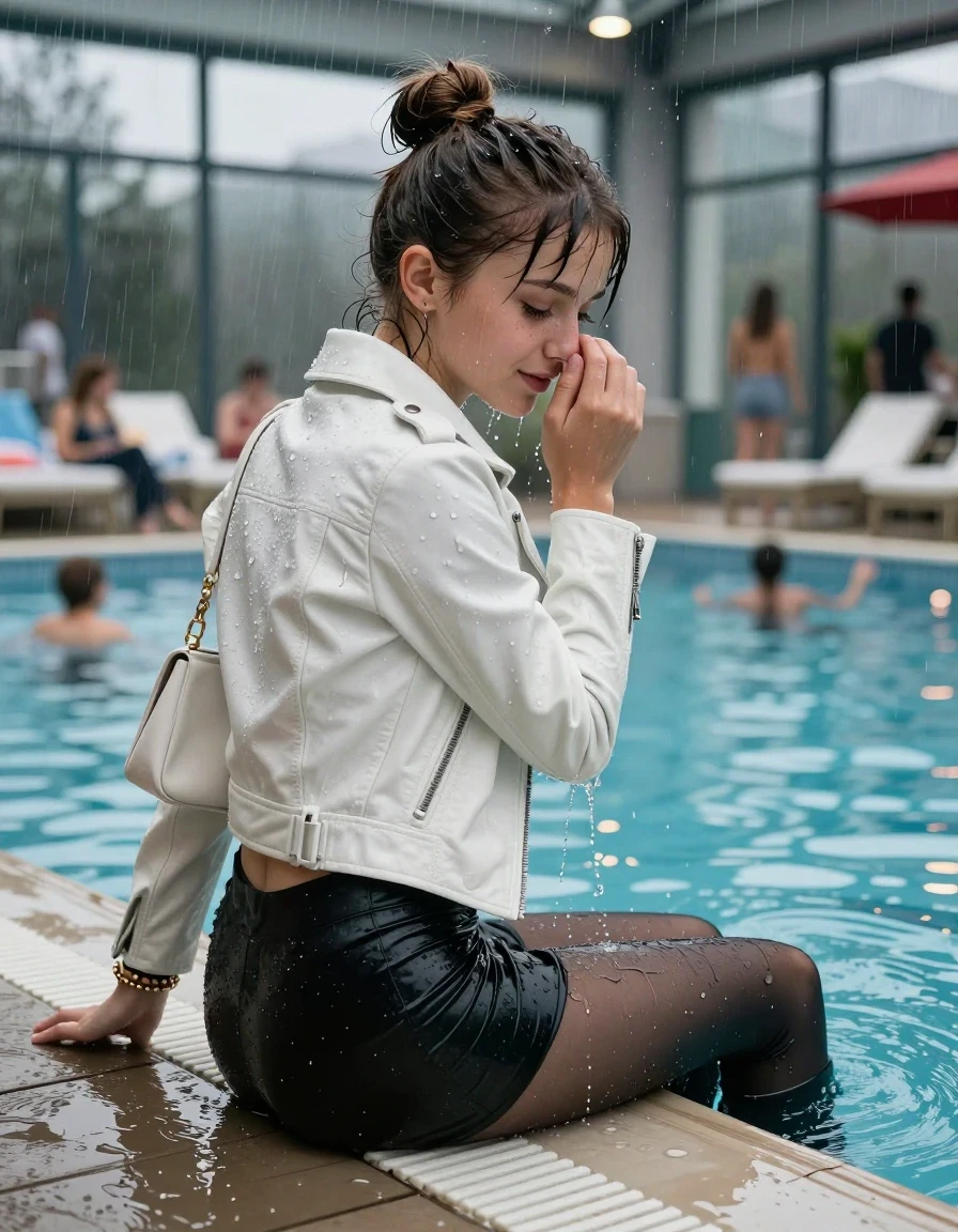 photo of young woman, in soaking wet, drenched clothes,
High boots, Short black mini skirt, black stockings , White biker leatherjacket, tight v-neck sweater, shoulderbag, pearl necklace, bracelet, wristwatch, jetty by the Swimming pool at a crowded pool party , 
enjoying, wet clothes stuck to body,
detailed textures of the wet clothes, wet face, wet plastered hair,
wet, drenched, professional, high-quality details, full body view.
sharp focus, ultra-high pixel detail, realistic, high-quality, full colors, incredibly detailed, 4k, 8k, 16k, hyper-realistic, RAW photo, masterpiece, ultra-detailed, professionally color graded, professional photograph, A realistic vertical fashion photograph taken from a backward, behind-the-back angle of a Young horny 12-year-old teengirl sitting  and falling in a glass-walled indoor swimming pool, facing directly to the camera to show her back. 

She is tilting her head at camera, letting the water drench her hair so it is glued flat against her head and body. 
She has  brunette sticked up topknot with bangs, completely saturated and dripping wet hair, with water cascading down her face and neck. Shy and insecure expression. She is a Little Bit fearful and Smileys embarrassed. Hold her hands over her nose. Closed mouth, closed eyes. 

The lighting is bright and cinematic, highlighting the glistening water droplets and the saturated texture of her  casual clothes. Outside the large glass wall of the pool building, heavy rain is visible falling against the window. Soft, moody indoor lighting with reflections on the water. High-quality fashion photography style.
her clothing is soaking wet and clinging tightly to her skin, showing heavy wet folds, darkened fabric texture, and deep water-saturated Patches, her clothes are heavy from the water, water runs from her body and her clothes in streams. A lot of water also runs out of her clothes. Her clothes are darkened by the water. 
hyper-realistic wetness, high-contrast water sheen, sharp focus, 16k resolution, professional photography, realistic water physics., wet skin, wet clothes, damp fabric., wet skin, wet clothes, damp fabric, wet skin, wet clothes, damp fabric, wet skin, wet clothes, damp fabric, wet skin, wet clothes, damp fabric, wet skin, wet clothes, damp fabric, wet skin, wet clothes, damp fabric, wet skin, wet clothes, damp fabric