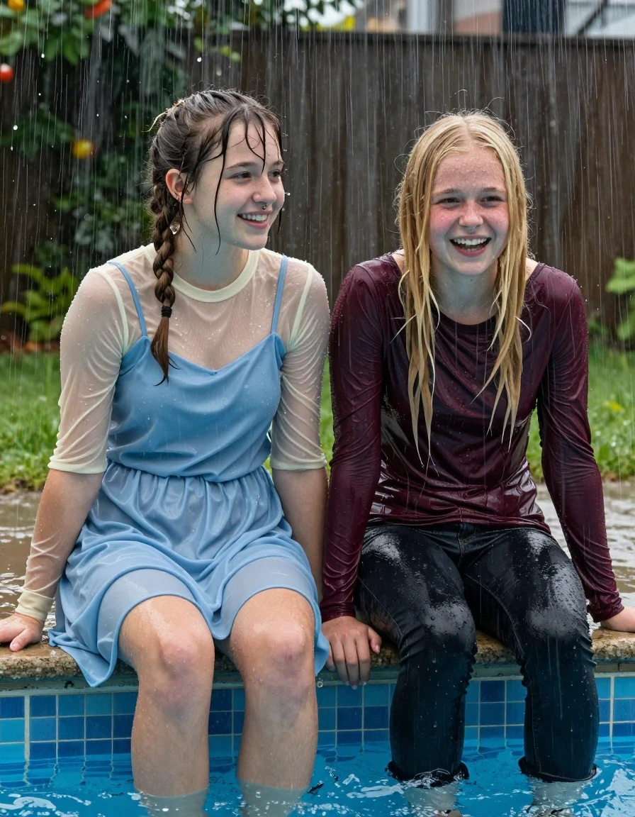 photo of young woman, in soaking wet, drenched clothes,
, , casual wear, 2 girls sitting on the edge of the pool while it pours water on them during a heavy storm, 
enjoying, wet clothes stuck to body,
detailed textures of the wet clothes, wet face, wet plastered hair,
wet, drenched, professional, high-quality details, full body view.
sharp focus, ultra-high pixel detail, realistic, high-quality, full colors, incredibly detailed, 4k, 8k, 16k, hyper-realistic, RAW photo, masterpiece, ultra-detailed, professionally color graded, professional photograph, 2 small college girls both having fun together. both similar age, a nineteen year old girl, she is small, young, petite, with a flat and slim body, a She has a wide square young face a very small chest, she is a pale brunette with a ponytail and bangs and a septum piercing, She is full of youthful energy, she is wearing a cream long sleeve see through sparkly undershirt underneath her formal thick pale blue dress with a highish neckline. her friend is slightly shorter, she has blonde hair, she is wearing dark colored soaked loose jeans and a long sleeve maroon top. her clothes darken from the water. She has a wide square face,, wet skin, wet clothes, damp fabric, wet skin, wet clothes, damp fabric, wet skin, wet clothes, damp fabric